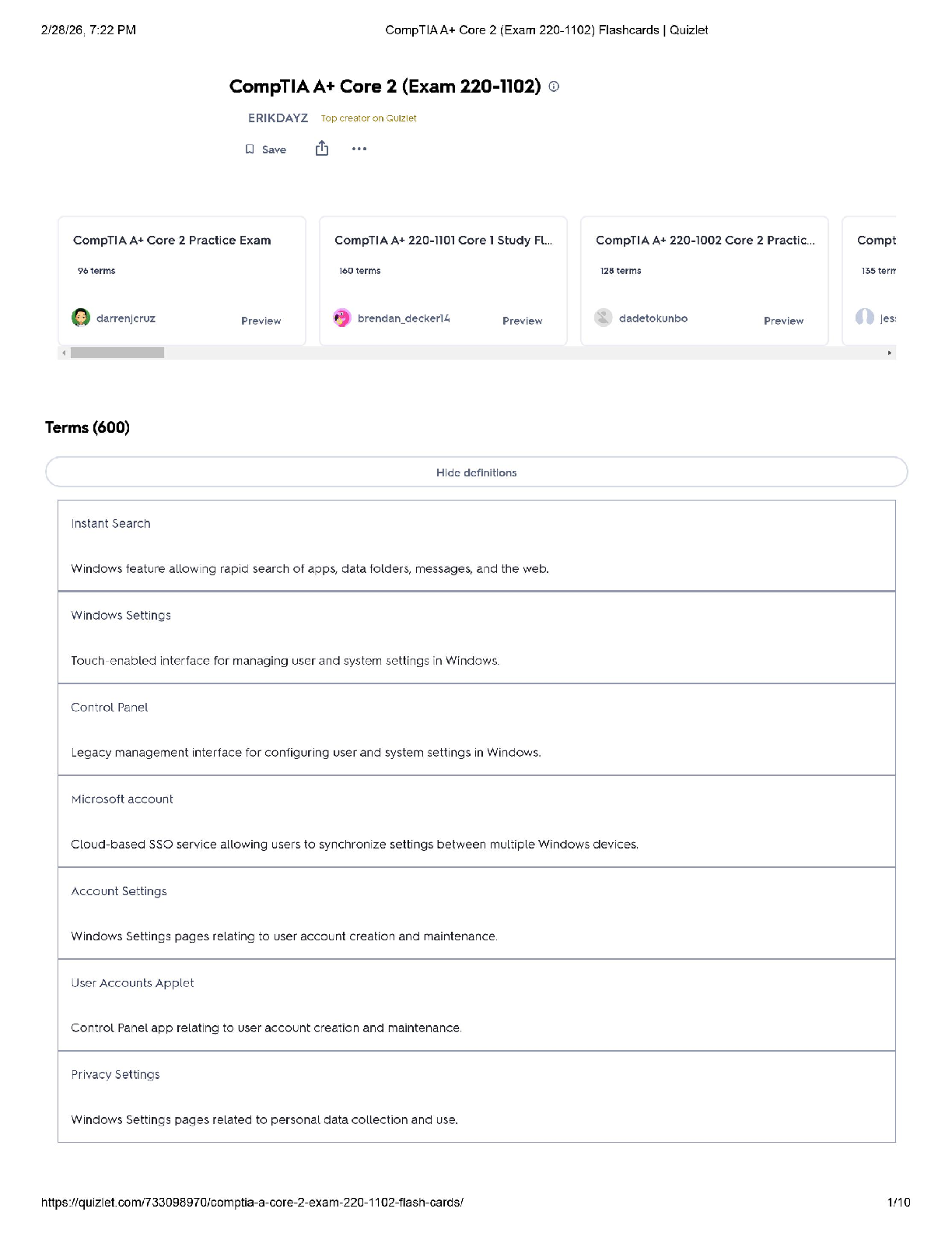 Recommended document preview for CompTIA A+ Core 2 / Score 100% / New Version 2025 Update / Exam 220-1102 Flashcards Quizlet