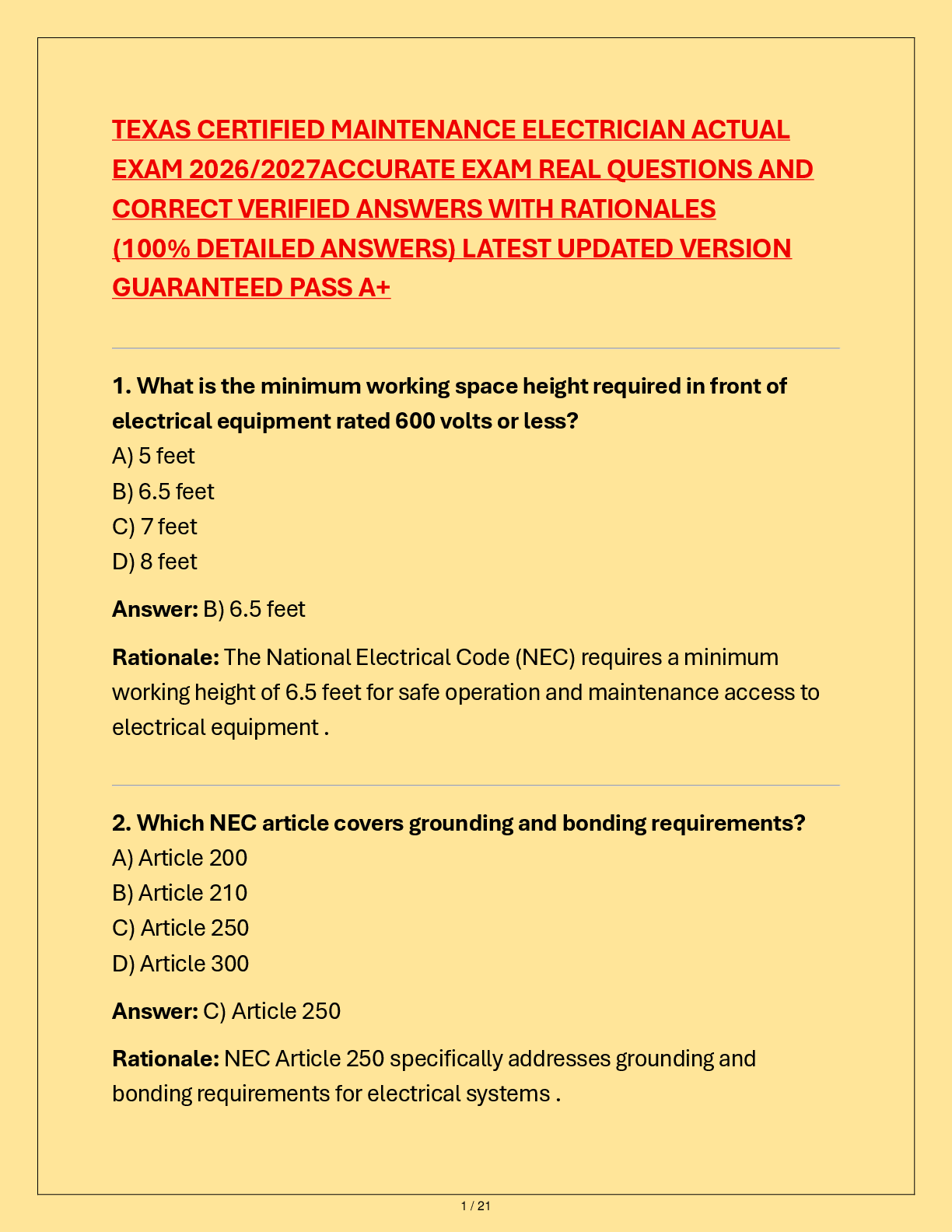 Preview of TEXAS CERTIFIED MAINTENANCE ELECTRICIAN ACTUAL  EXAM 2026/2027ACCURATE EXAM REAL QUESTIONS AND  CORRECT VERIFIED ANSWERS WITH RATIONALES  (100% DETAILED ANSWERS) LATEST UPDATED VERSION  GUARANTEED PASS A+