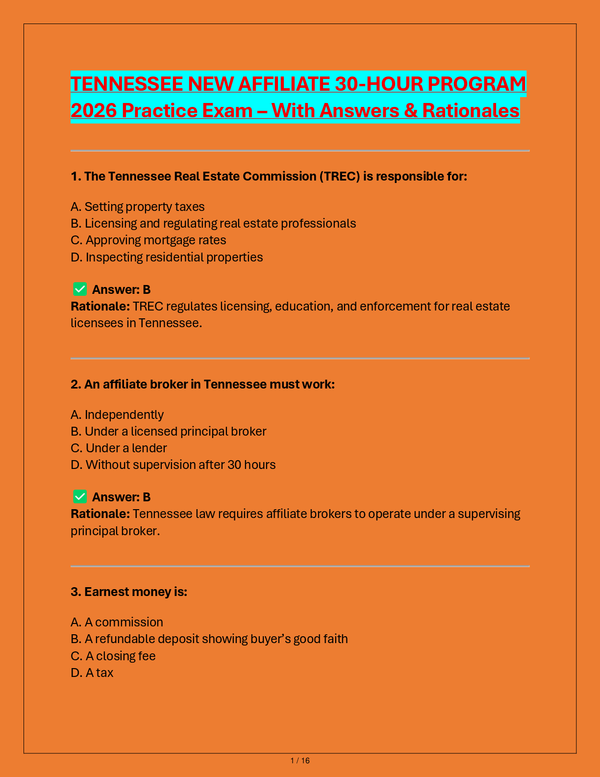 Preview of TENNESSEE NEW AFFILIATE 30-HOUR PROGRAM  2026 Practice Exam – With Answers & Rationales