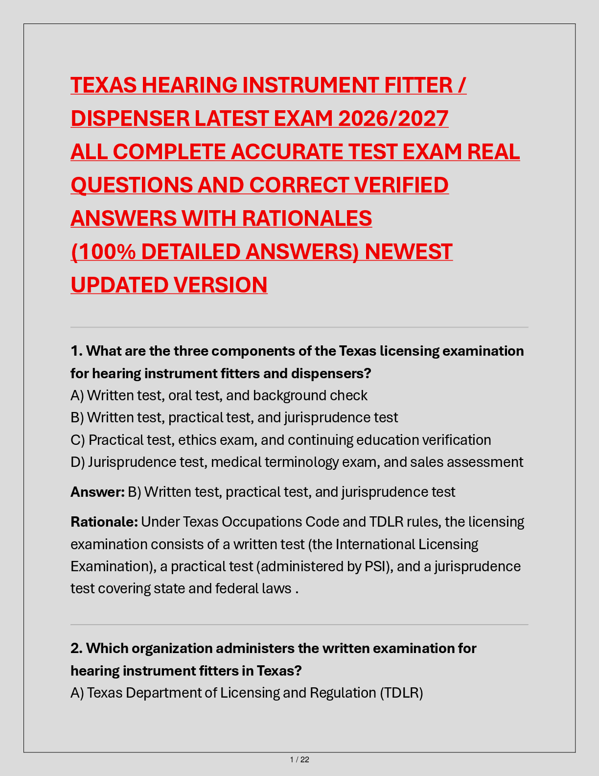 Preview of TEXAS HEARING INSTRUMENT FITTER /  DISPENSER LATEST EXAM 2026/2027  ALL COMPLETE ACCURATE TEST EXAM REAL  QUESTIONS AND CORRECT VERIFIED  ANSWERS WITH RATIONALES  (100% DETAILED ANSWERS) NEWEST  UPDATED VERSION