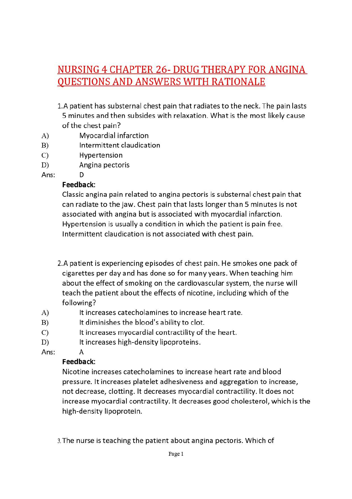 Recommended document preview for NURSING 4 CHAPTER 26- DRUG THERAPY FOR ANGINA QUESTIONS AND ANSWERS WITH RATIONALE,100%CORRECT