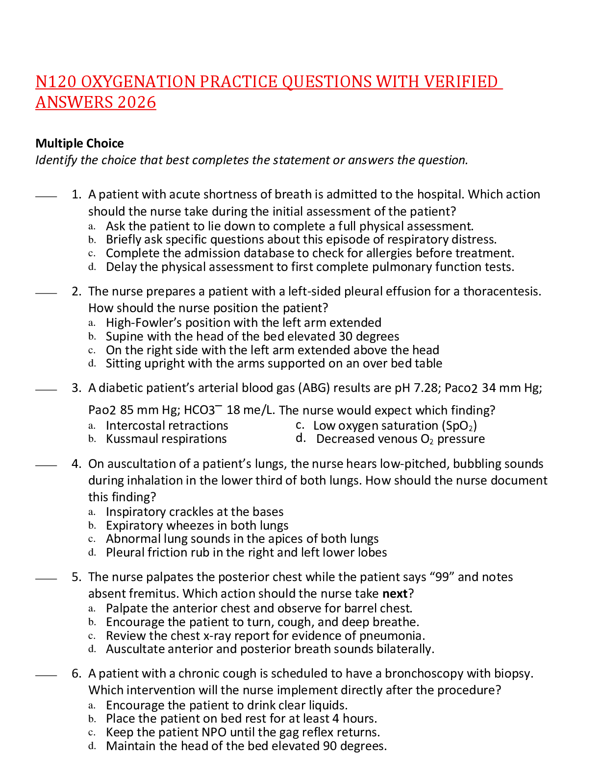 Preview image for N120 OXYGENATION PRACTICE QUESTIONS WITH VERIFIED ANSWERS 2026,100%CORRECT