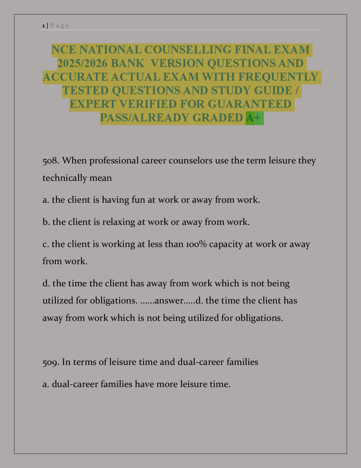 Preview of NCE NATIONAL COUNSELLING FINAL EXAM  2025/2026 BANK  VERSION QUESTIONS AND  ACCURATE ACTUAL EXAM WITH FREQUENTLY  TESTED QUESTIONS AND STUDY GUIDE /  EXPERT VERIFIED FOR GUARANTEED  PASS/ALREADY GRADED A+
