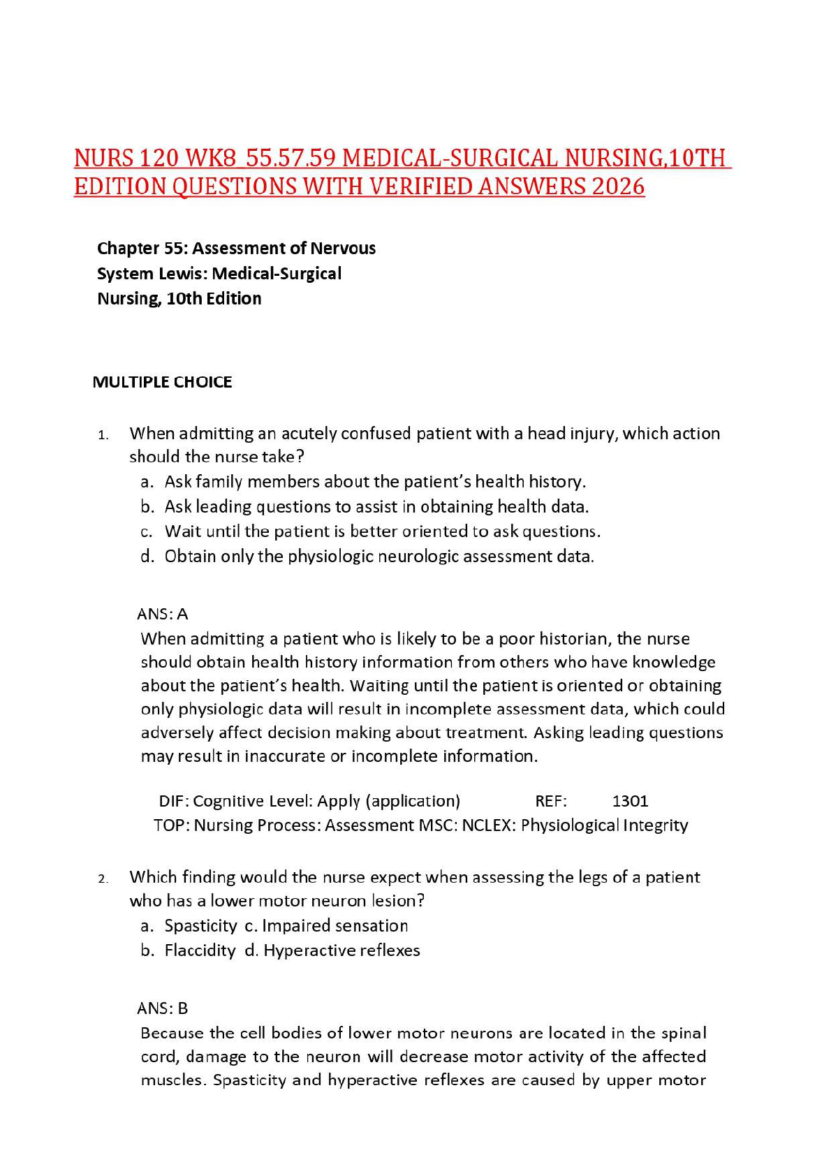 Preview image for NURS 120 WK8_55.57.59 MEDICAL-SURGICAL NURSING,10TH EDITION QUESTIONS WITH VERIFIED ANSWERS 2026,100%CORRECT