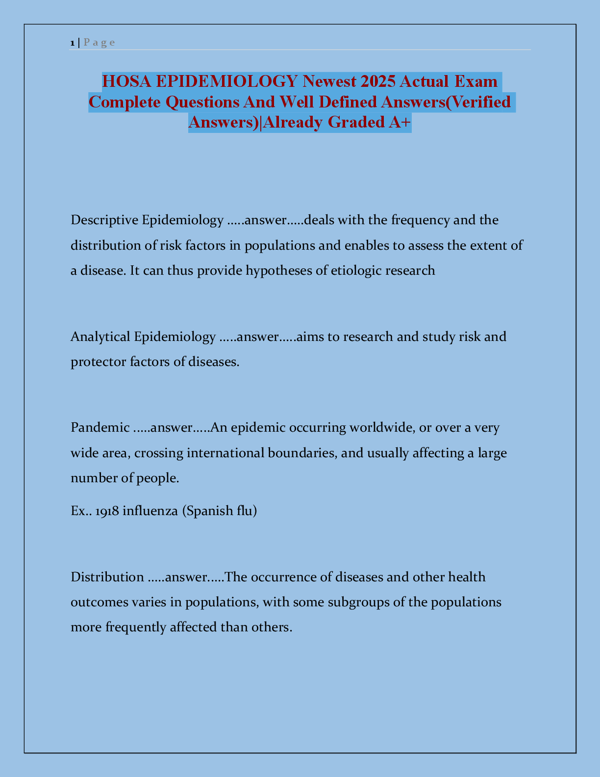 Preview of HOSA EPIDEMIOLOGY Newest 2025 Actual Exam  Complete Questions And Well Defined Answers(Verified  Answers)|Already Graded A+