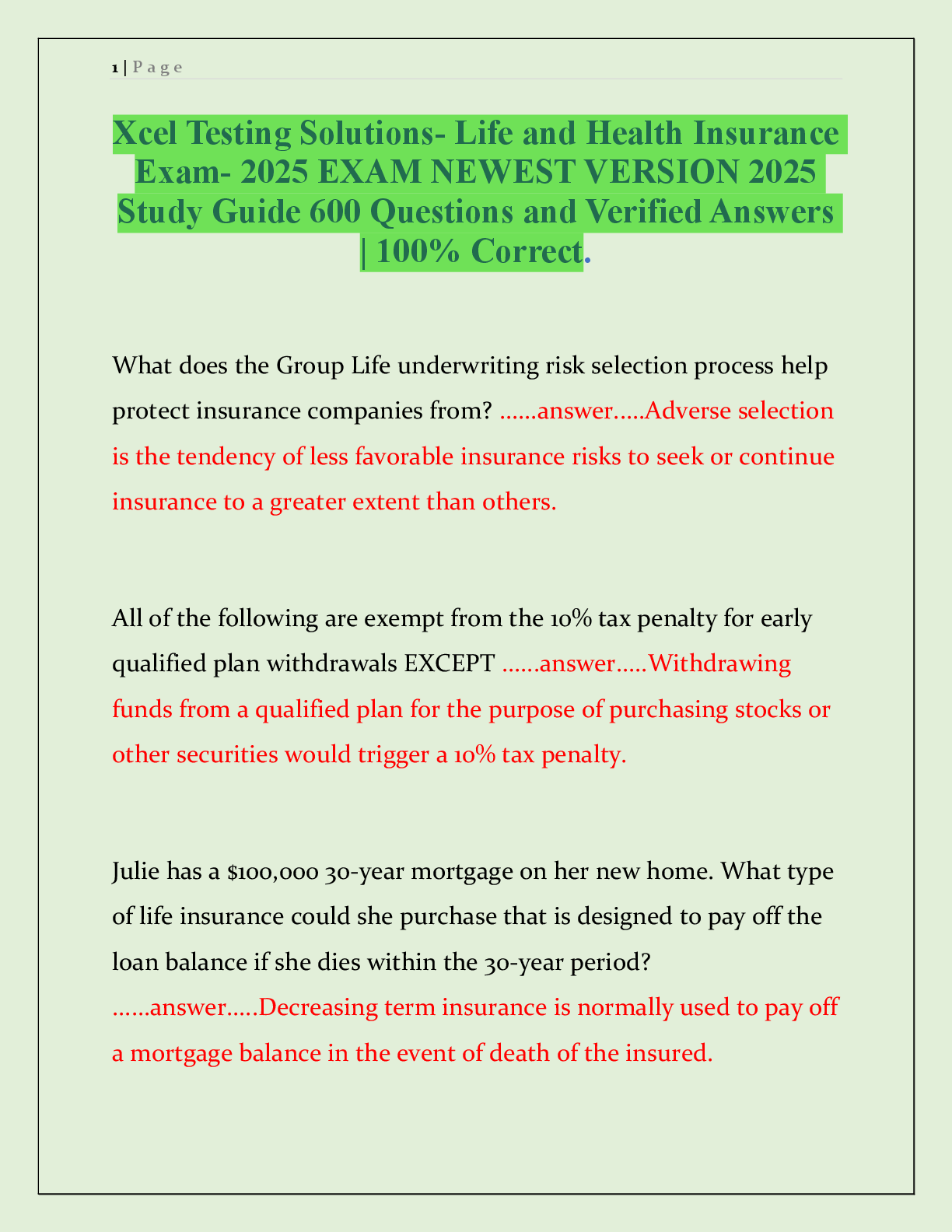 Preview of Xcel Testing Solutions- Life and Health Insurance  Exam- 2025 EXAM NEWEST VERSION 2025  Study Guide 600 Questions and Verified Answers  | 100% Correct.