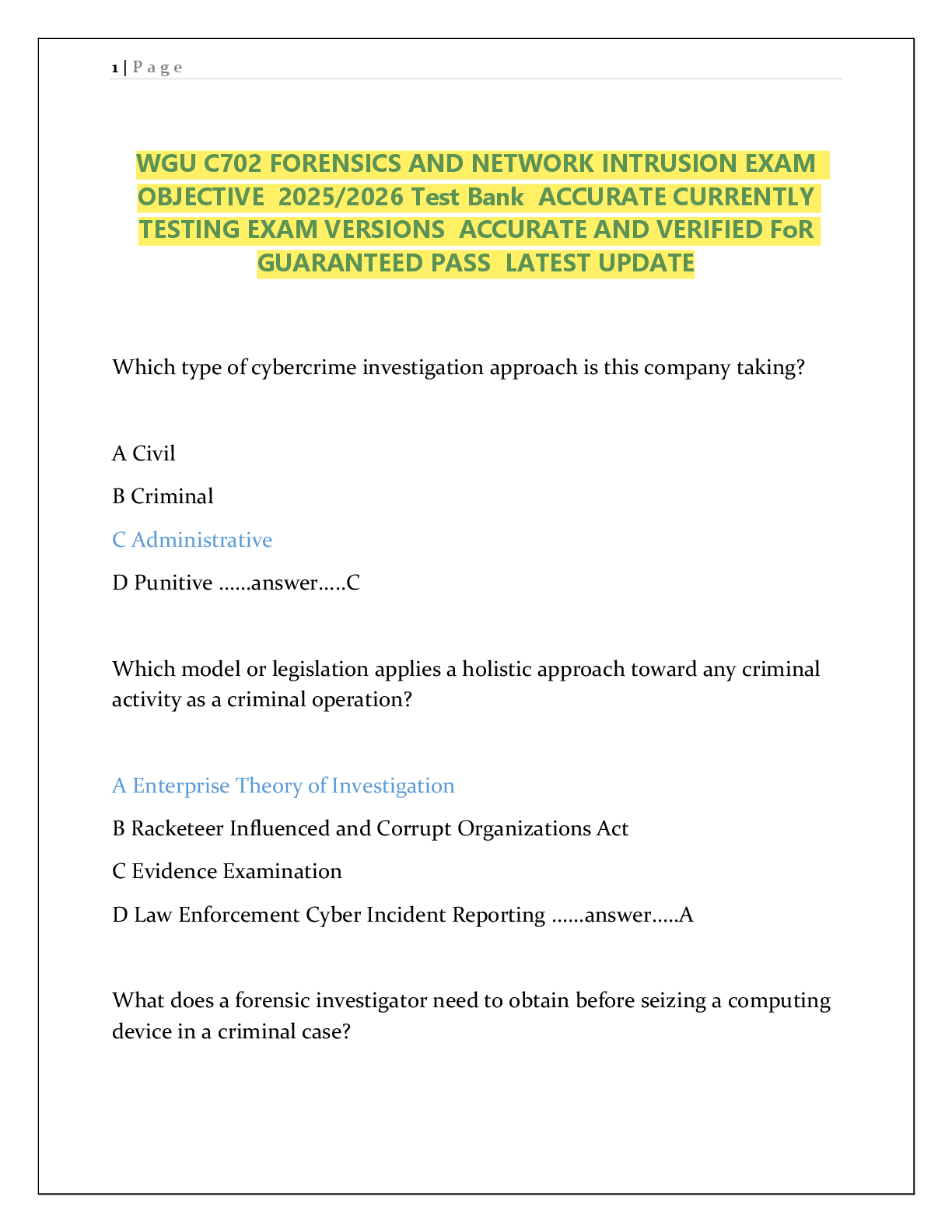 Preview of WGU C702 FORENSICS AND NETWORK INTRUSION EXAM   OBJECTIVE  2025/2026 Test Bank  ACCURATE CURRENTLY  TESTING EXAM VERSIONS  ACCURATE AND VERIFIED FoR  GUARANTEED PASS  LATEST UPDATE