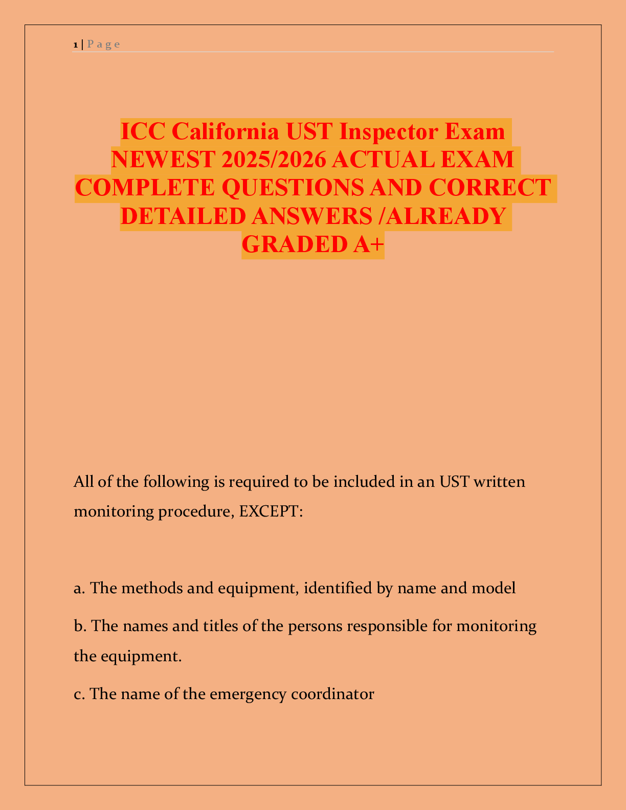 Preview of ICC California UST Inspector Exam  NEWEST 2025/2026 ACTUAL EXAM  COMPLETE QUESTIONS AND CORRECT  DETAILED ANSWERS /ALREADY  GRADED A+