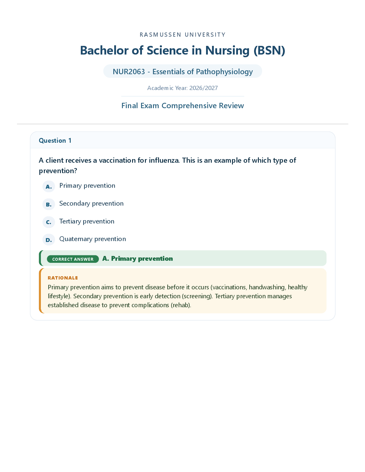 Recommended document preview for Final Exam - NUR2063 / NUR2063 (Latest 2026 / 2027) : Essentials of Pathophysiology - Rasmussen