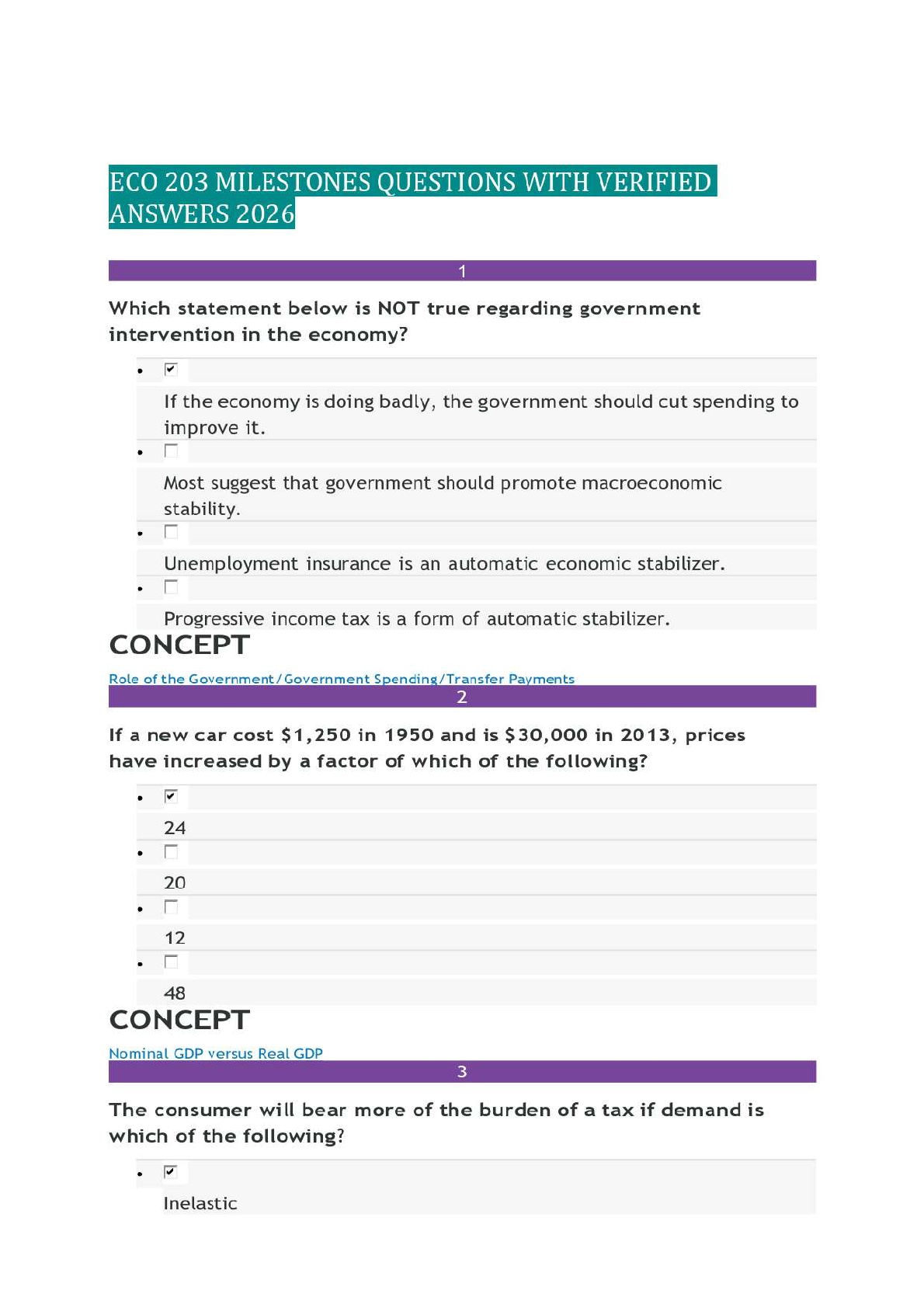 Preview image for ECO 203 MILESTONES QUESTIONS WITH VERIFIED  ANSWERS 2026,100%CORRECT