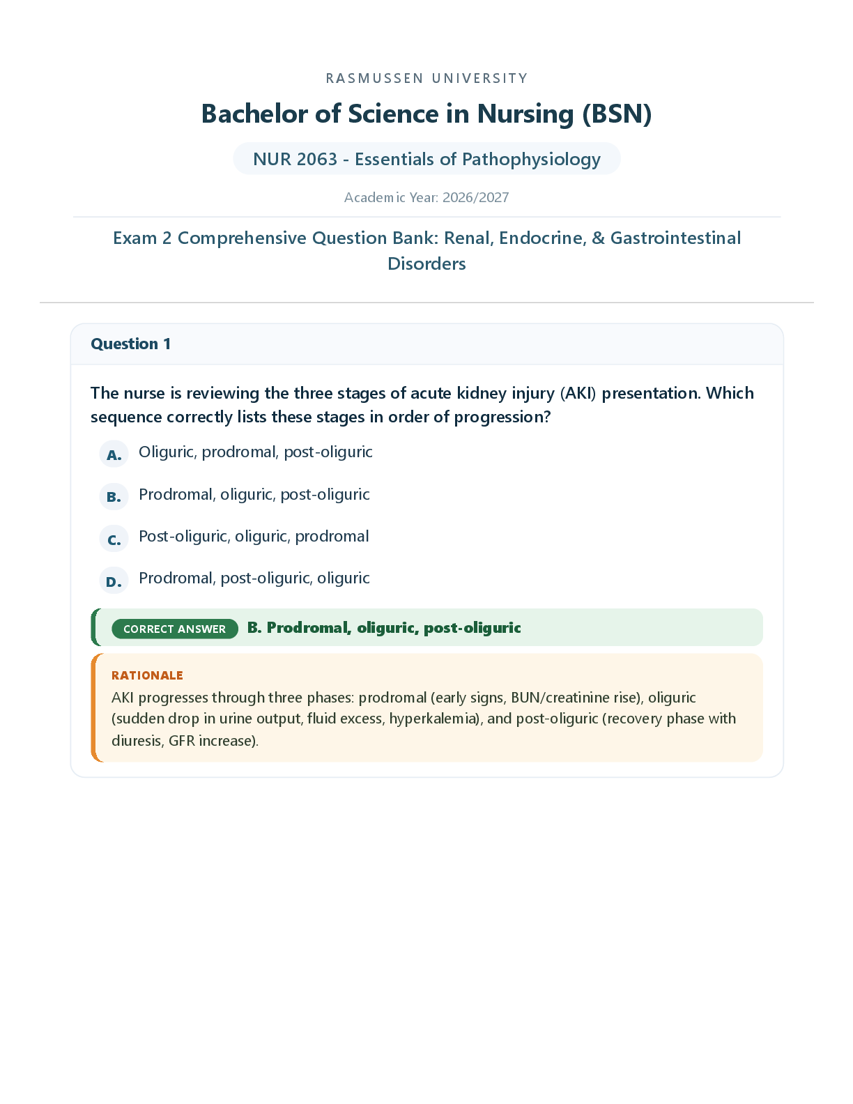 Preview of NUR 2063 - Essentials of Pathophysiology Academic Year: 2026/2027 Exam 2 Comprehensive Question Bank: Renal, Endocrine, & Gastrointestinal Disorder