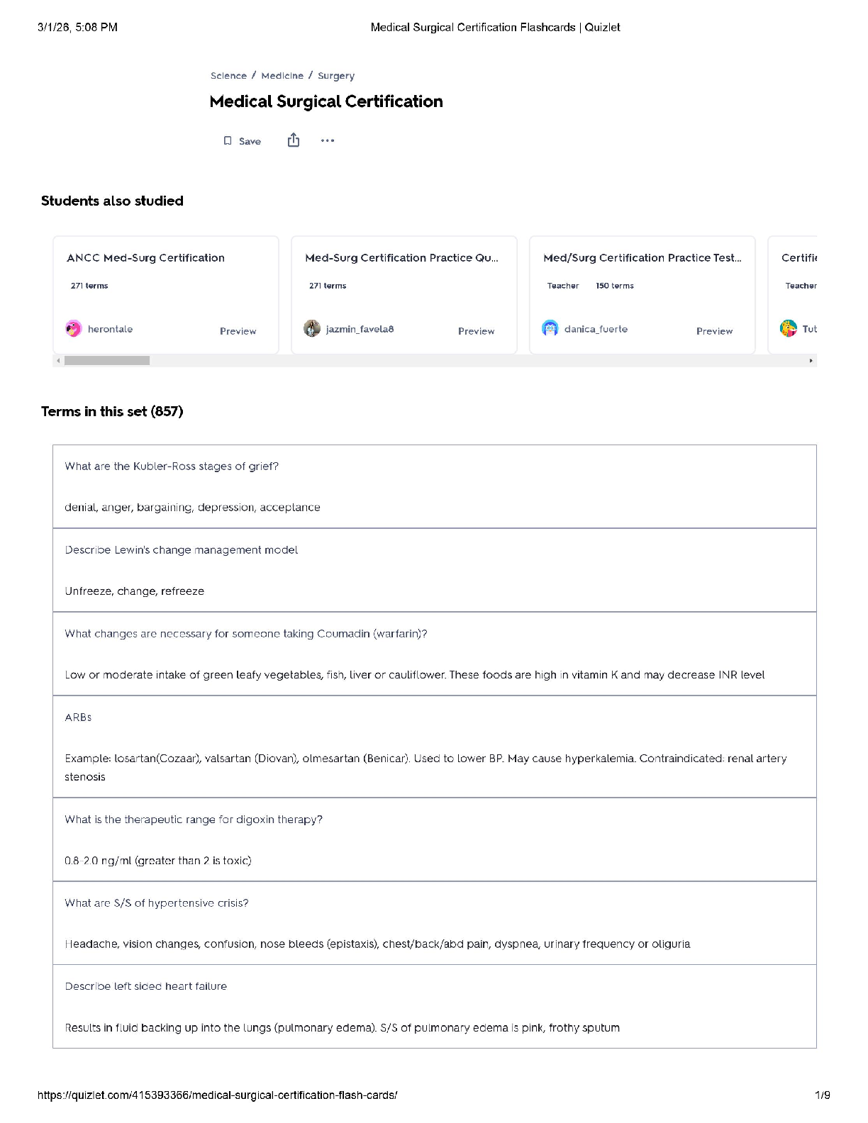 Medical Surgical Certification / Score 100% / New Version 2025 Update / Flashcards Quizlet Prep