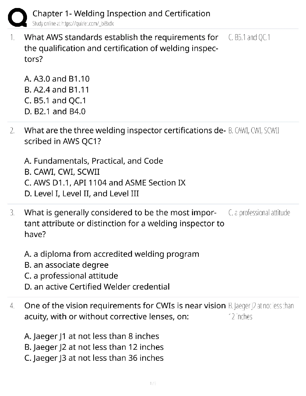 Recommended document preview for Chapter 1 Welding Inspection / Score 100% / New Version 2025 Update / Certification Study Guide