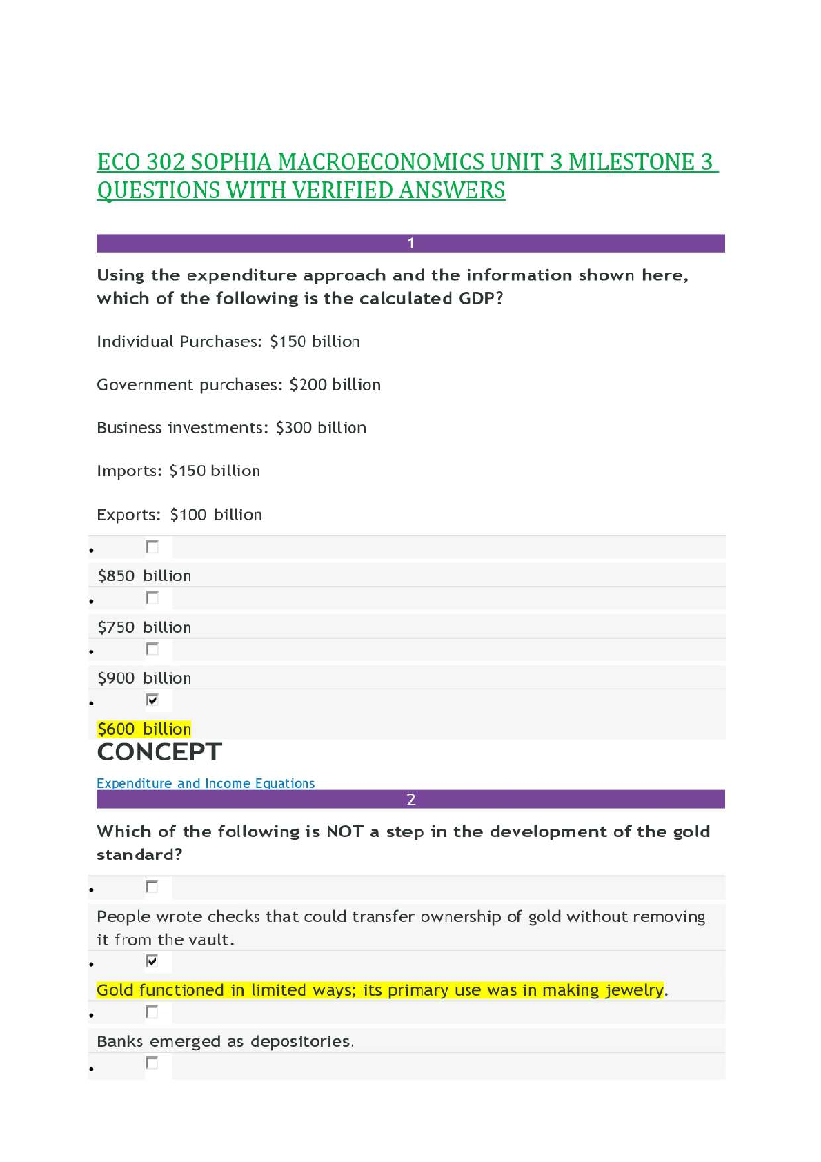Preview of ECO 302 SOPHIA MACROECONOMICS UNIT 3 MILESTONE 3 QUESTIONS WITH VERIFIED ANSWERS,100%CORRECT