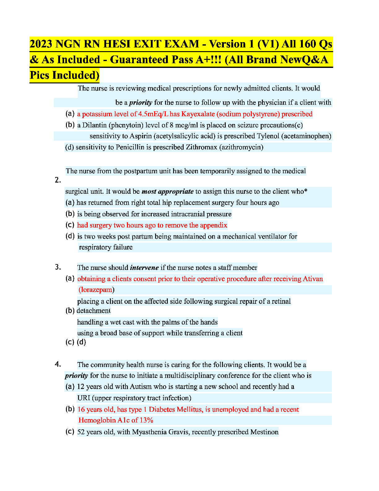Preview of 2023 NGN RN HESI EXIT EXAM - Version 1 (V1) All 160 Qs  &  As Included - Guaranteed Pass A (All Brand New Q&A  Pics Included)