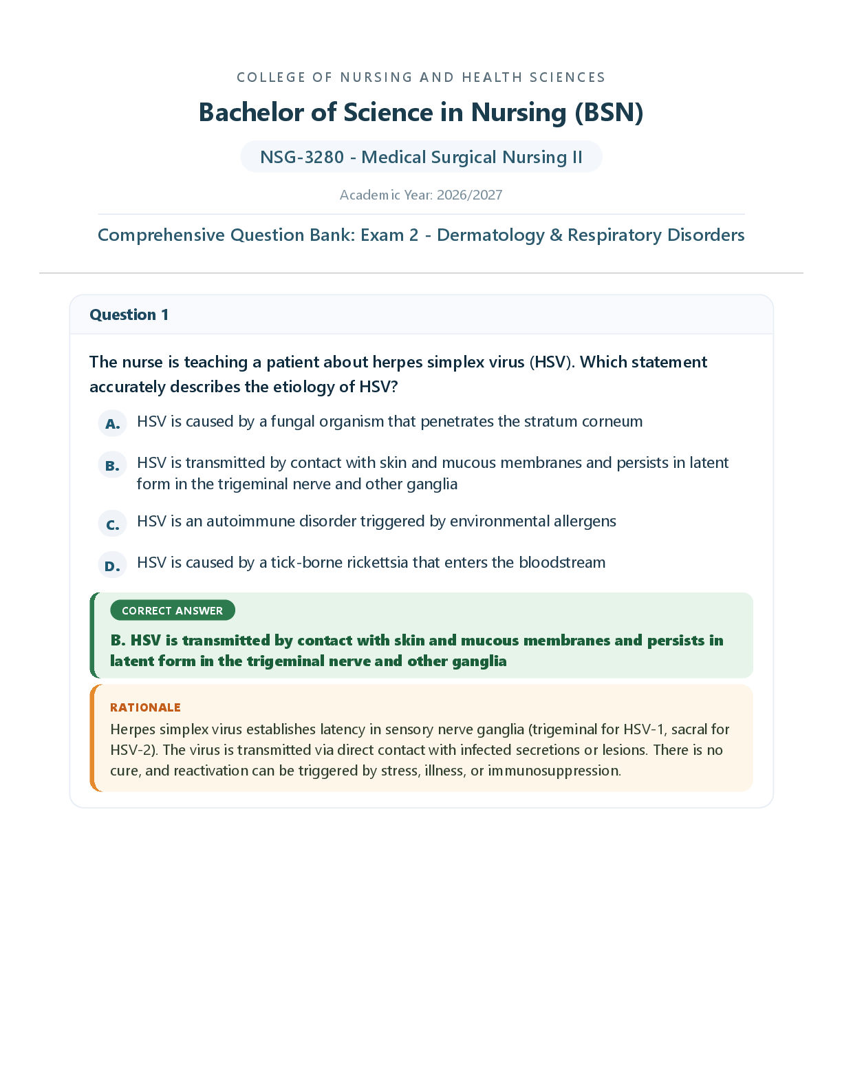Recommended document preview for Exam 2: NSG 3280 / NSG3280 (Latest Update 2026 / 2027) Pathophysiology for Nurses I | Questions and Verified Answers | Grade A | 100% Correct - Galen