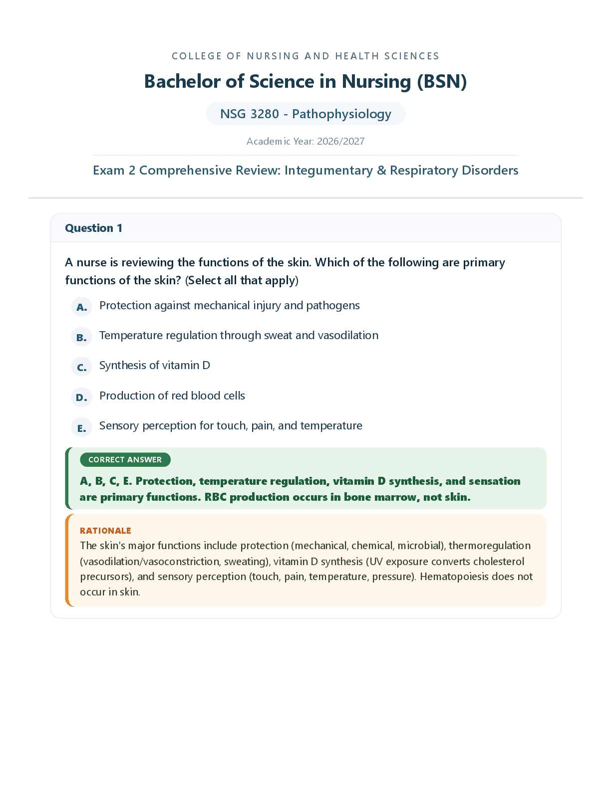 Preview of NSG 3280 - Pathophysiology Academic Year: 2026/2027 Exam 2 Comprehensive Review: Integumentary & Respiratory Disorder
