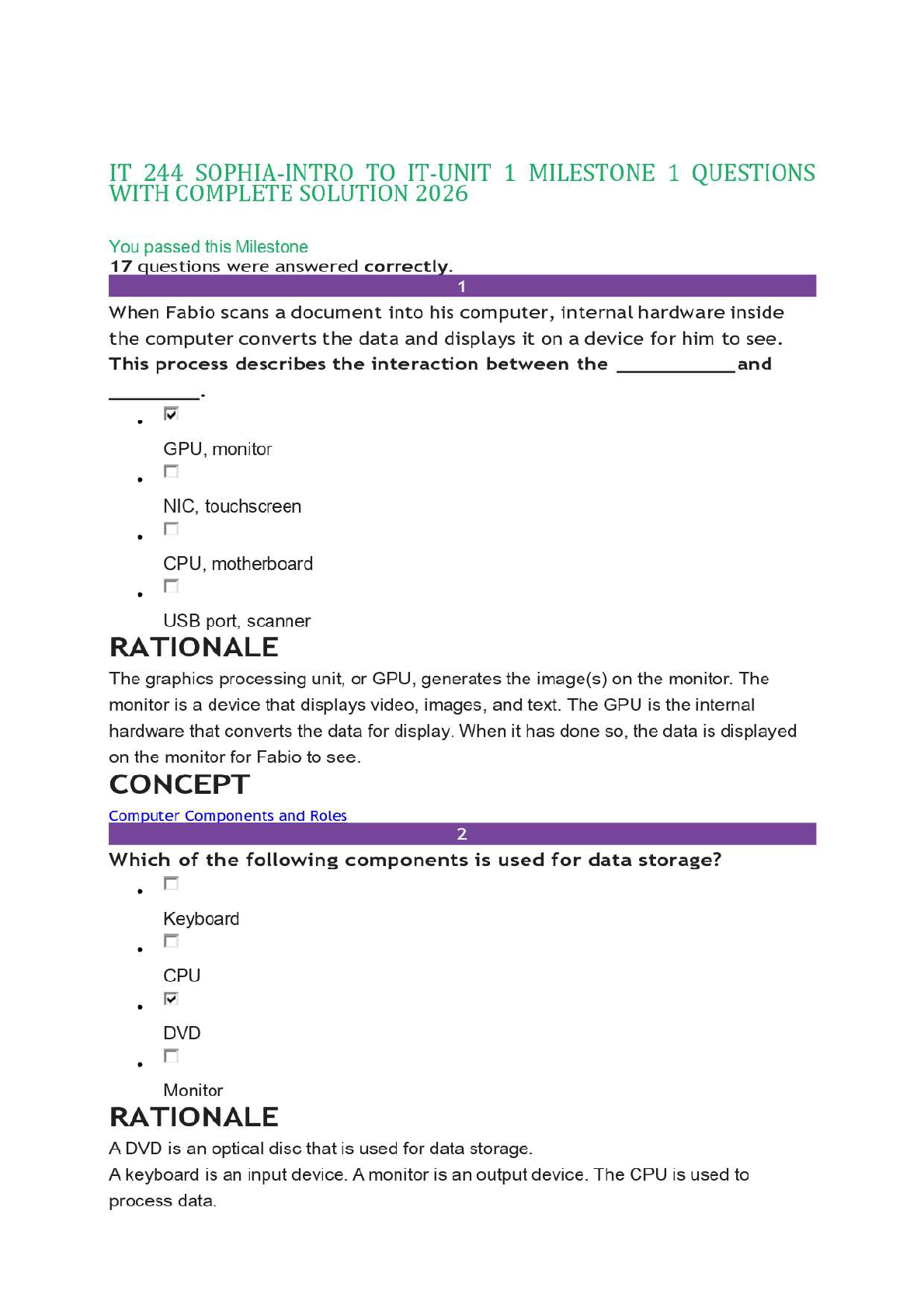 Recommended document preview for IT 244 SOPHIA-INTRO TO IT-UNIT 1 MILESTONE 1 QUESTIONS WITH COMPLETE SOLUTION 2026