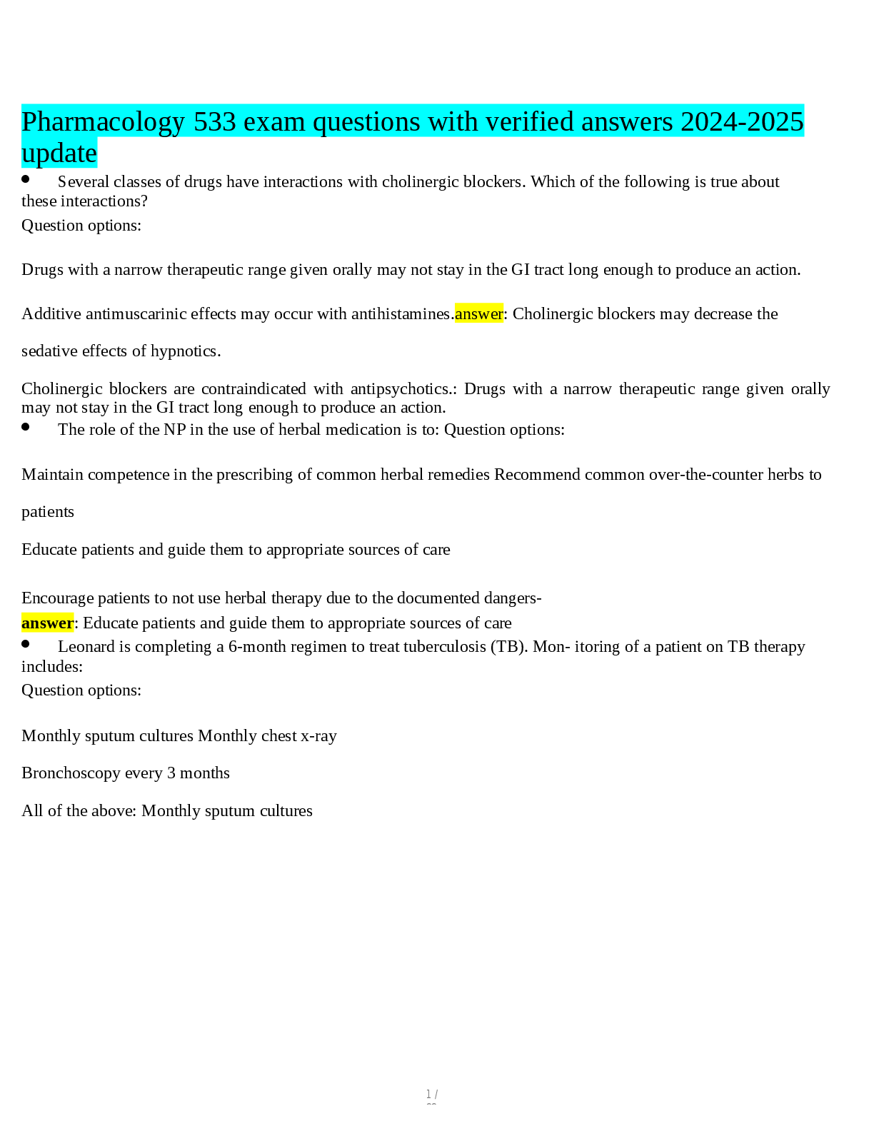 Preview of Pharmacology 533 exam questions with verified answers 2024-2025  update