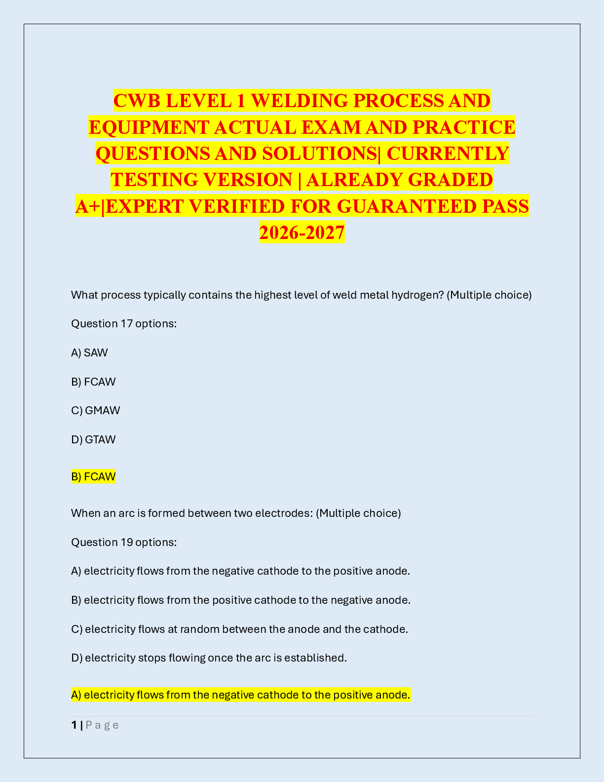 Preview of CWB LEVEL 1 WELDING PROCESS AND  EQUIPMENT ACTUAL EXAM AND PRACTICE  QUESTIONS AND SOLUTIONS