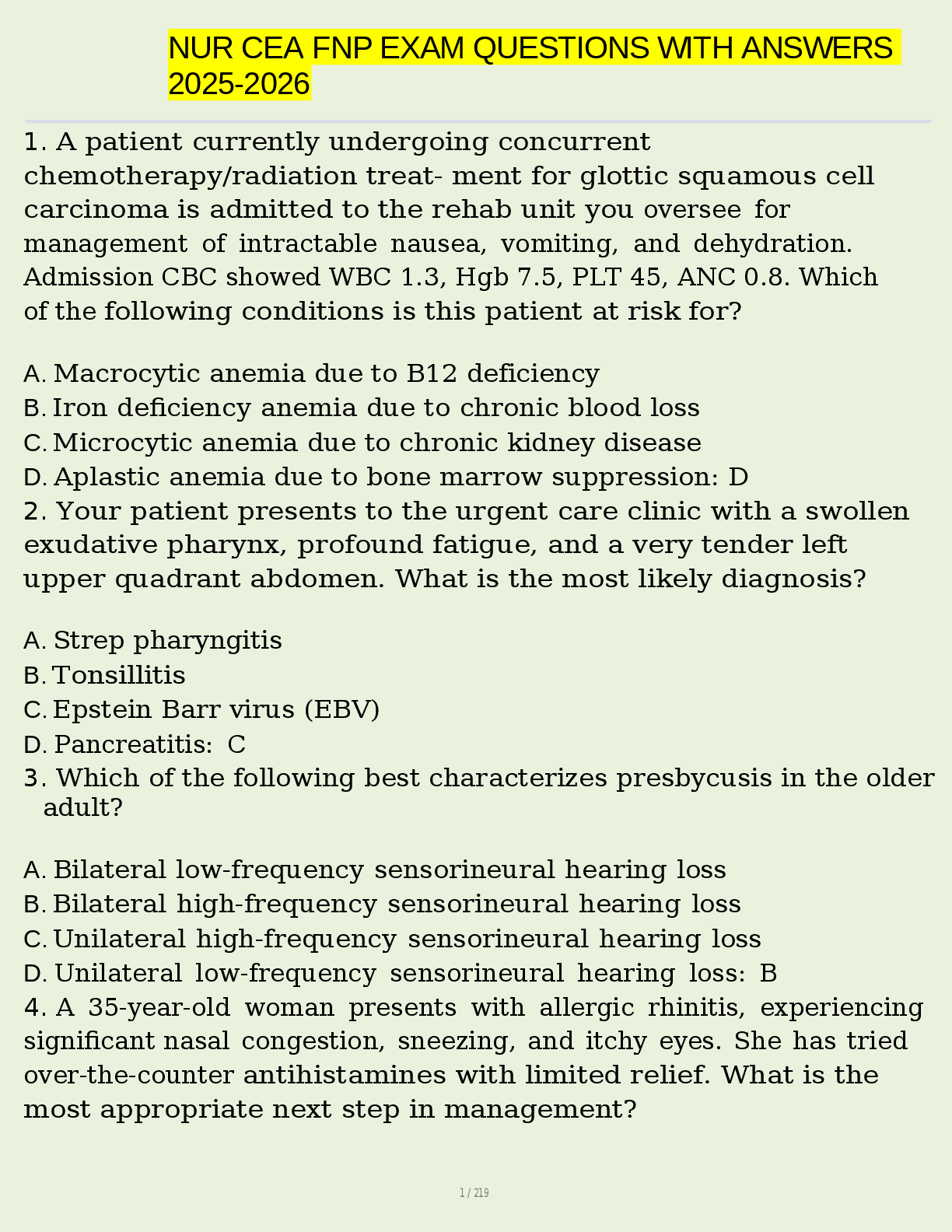 Recommended document preview for NUR CEA  FNP EXAM QUESTIONS WITH ANSWERS  2025-2026