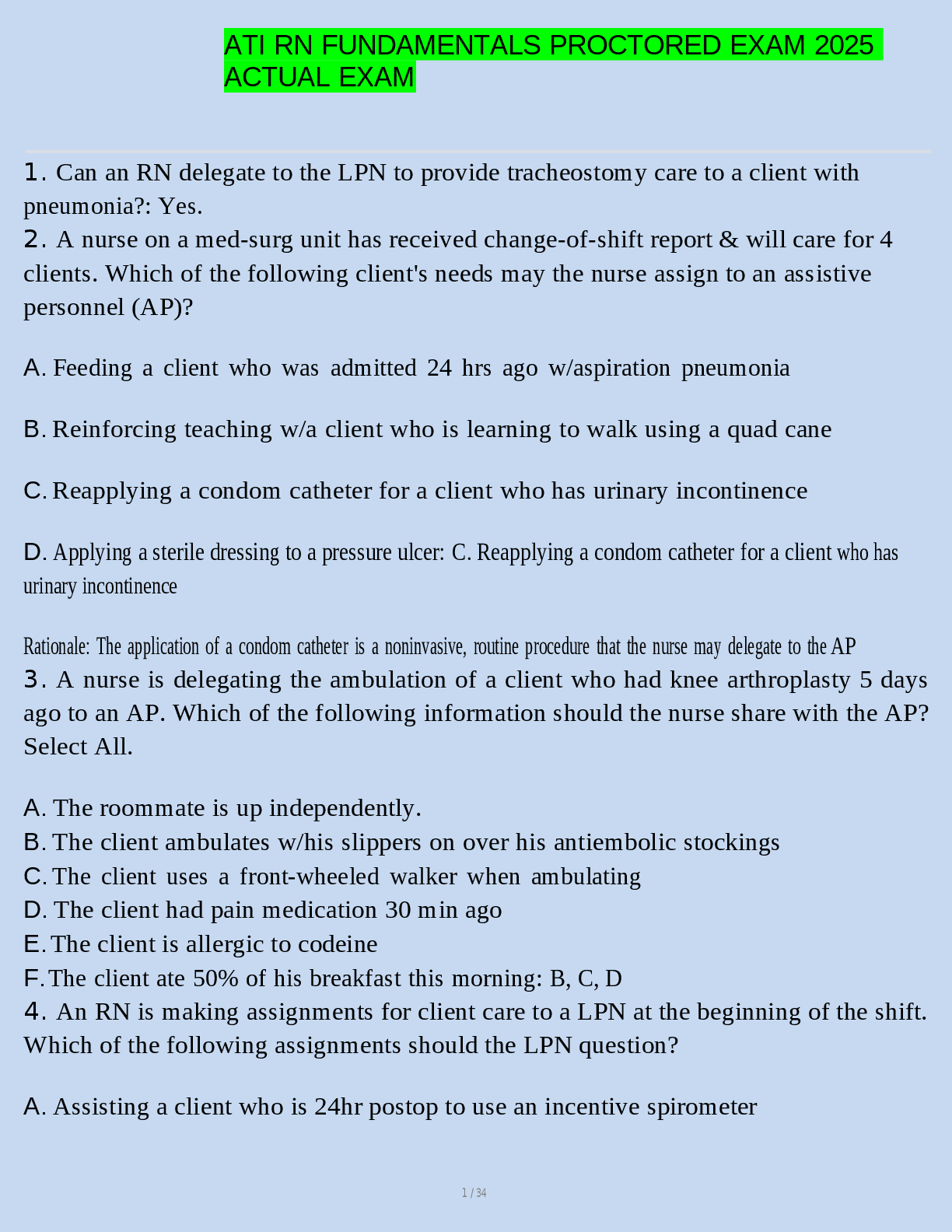 Preview of ATI RN  FUNDAMENTALS  PROCTORED  ACTUAL  EXAM