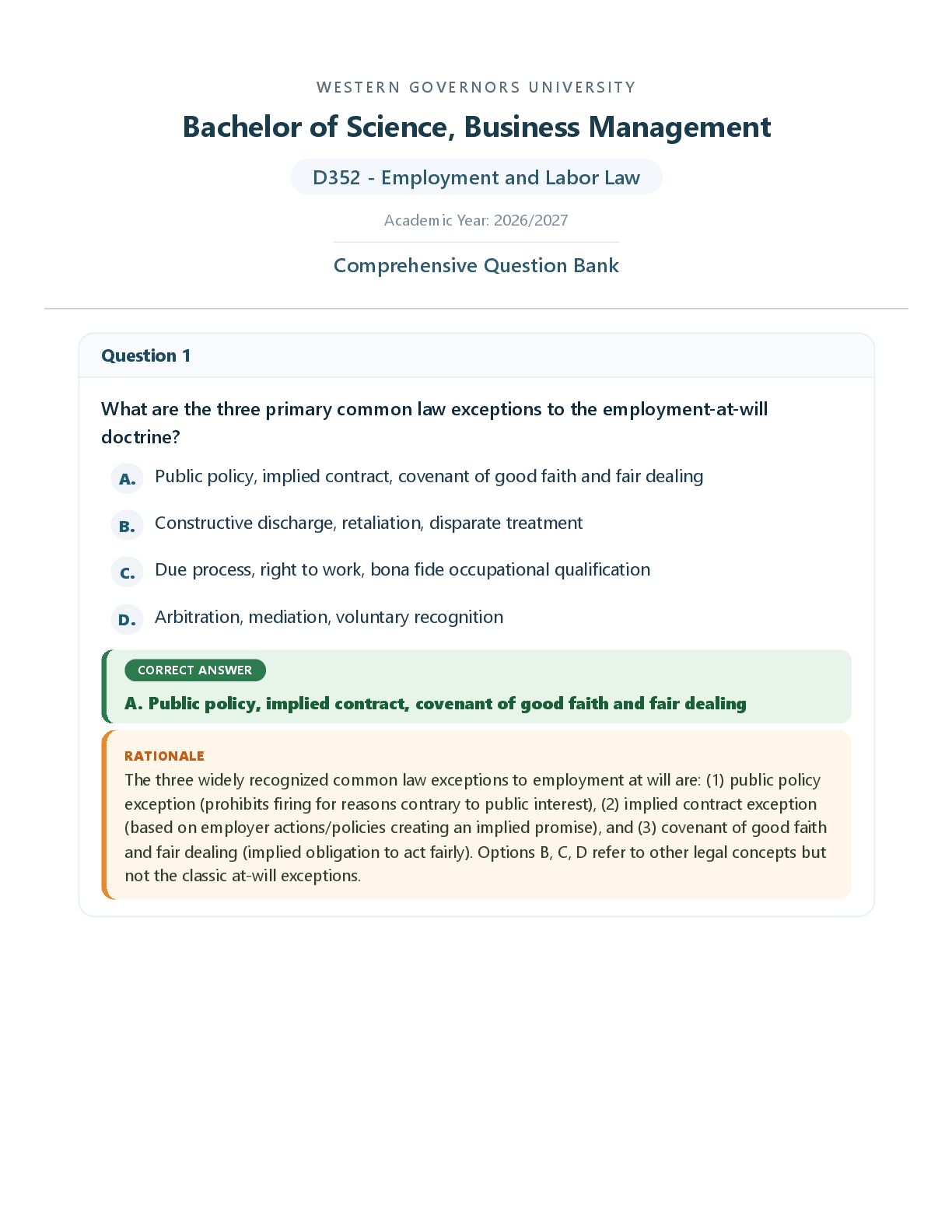 Preview of WGU D352 Final Exam (Latest Update 2026/ 2027) Employment and Labor Law | Guide Questions & Answers | Grade A | 100% Correct (Verified Solutions)