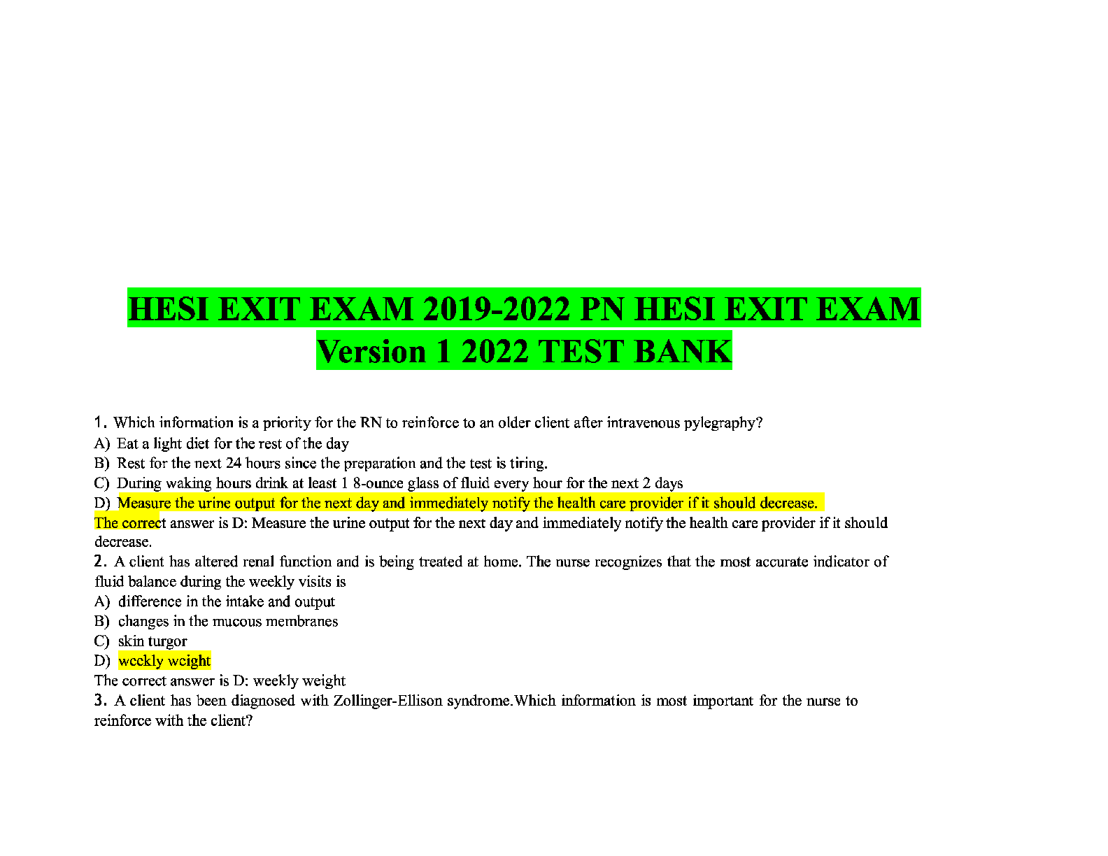 Preview of HESI EXIT | EXAM 2019-2022 PN HESI EXIST EXAM  version 1 2022  TEST  BANK