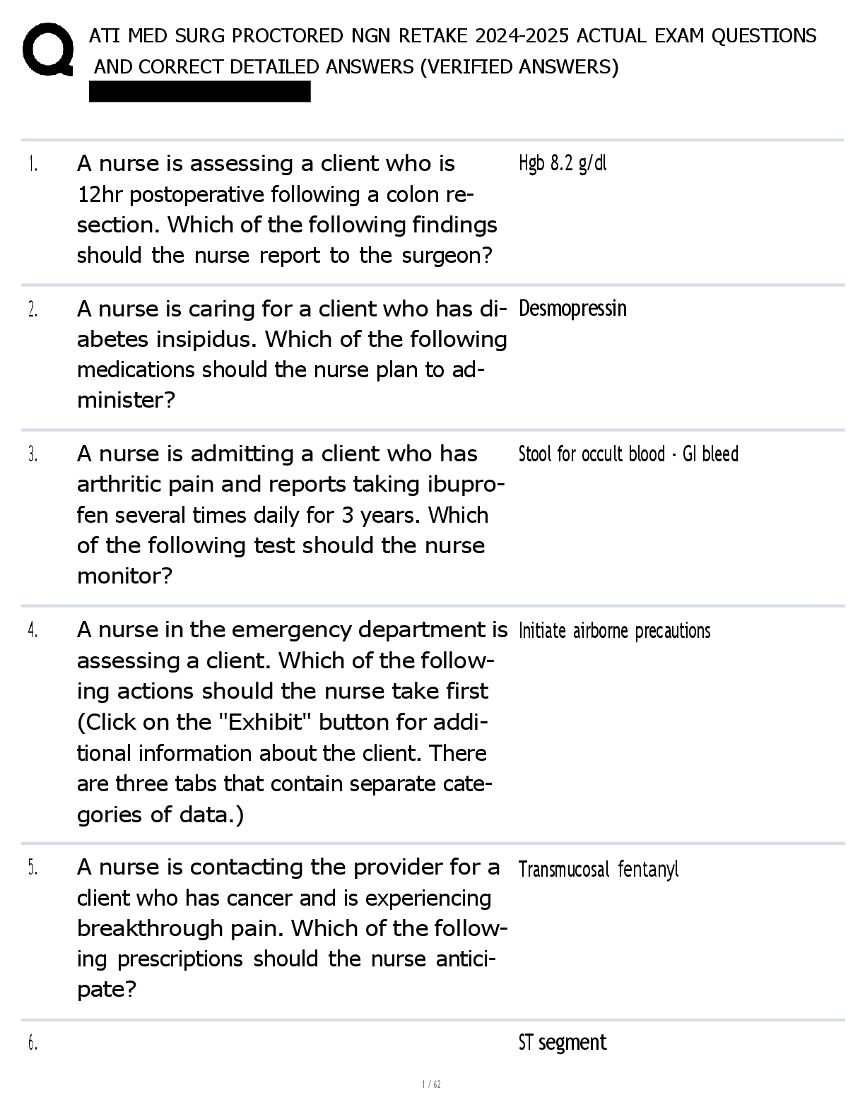 Preview of ATI MED SURG PROCTORED NGN RETAKE 2024-2025 ACTUAL EXAM QUESTIONS  AND CORRECT DETAILED ANSWERS (VERIFIED ANSWERS)