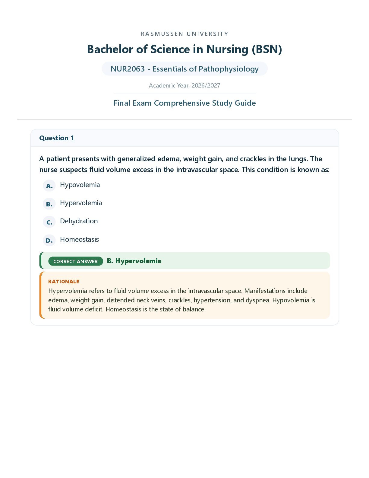 Recommended document preview for NUR2063 - Essentials of Pathophysiology (Latest 2026/2027 )Final Exam Comprehensive Study Guide