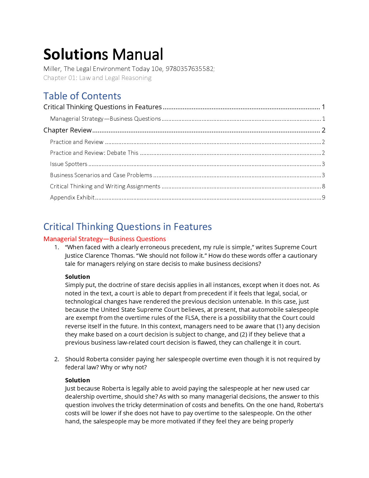 Recommended document preview for The Legal Environment Today 10th Edition By Roger LeRoy Miller, Frank B. Cross Solution Manual