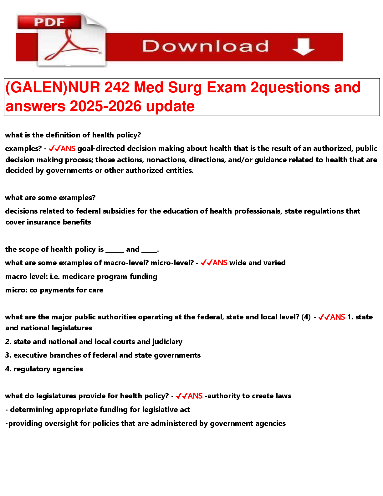 Preview of GALEN) NUR 242 Med Surg Exam 2 questions and  answers 2025-2026 update