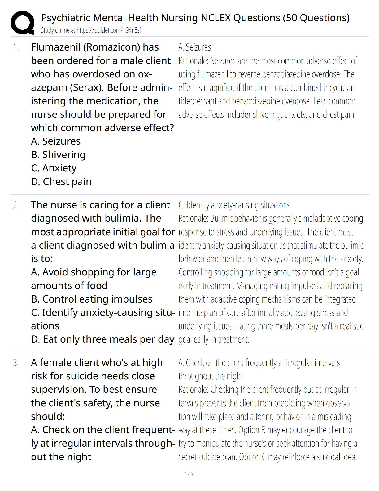 Preview of Psychiatric Mental Health Nursing NCLEX Questions (50 Questions) / Score 100% / New Version / 2025–2026 Updated NCLEX RN Exam Prep