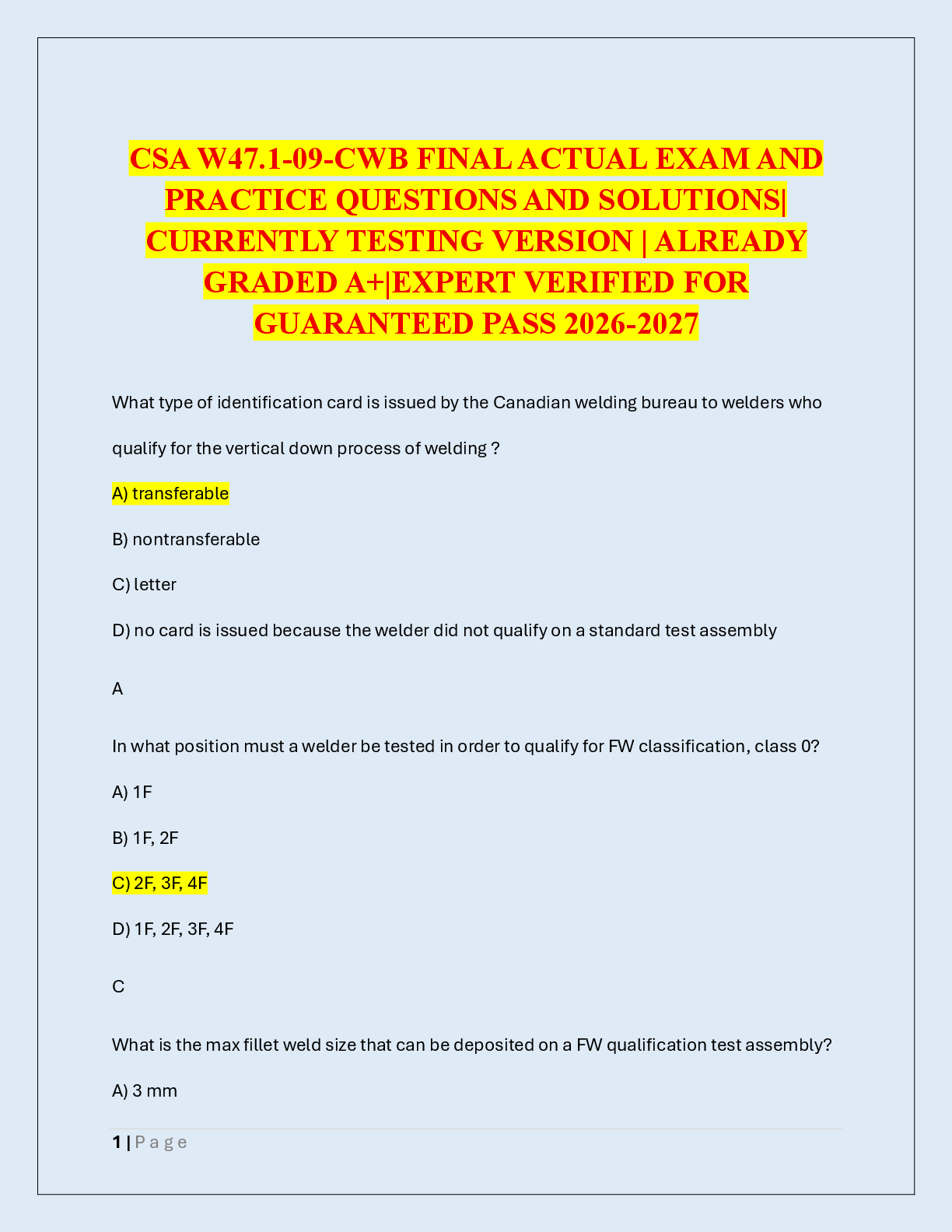 Preview of CSA W47.1-09-CWB FINAL ACTUAL EXAM AND  PRACTICE QUESTIONS AND SOLUTIONS