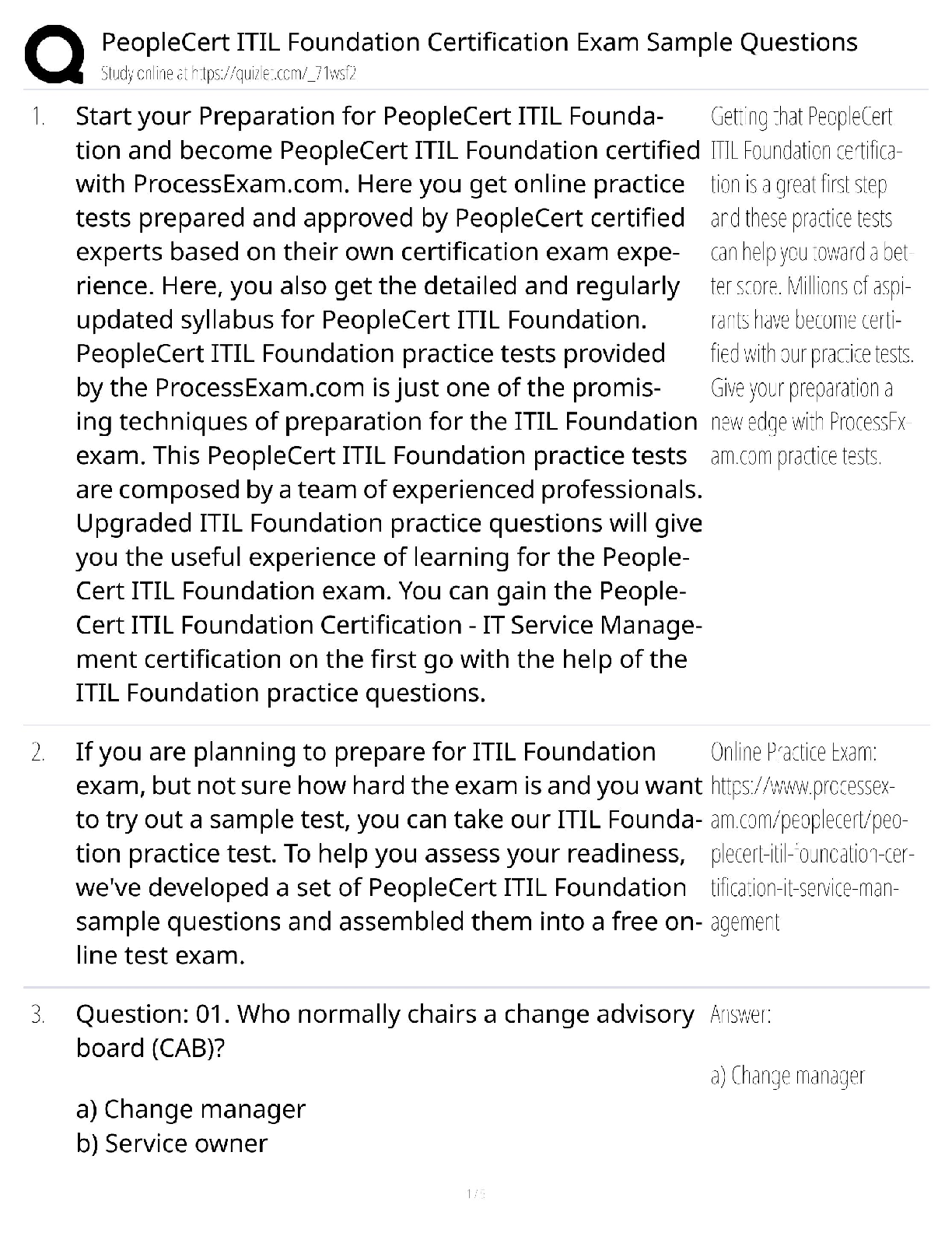 Recommended document preview for PeopleCert ITIL Foundation Certification / Score 100% / New Version 2025 Update / Sample Questions Exam Prep