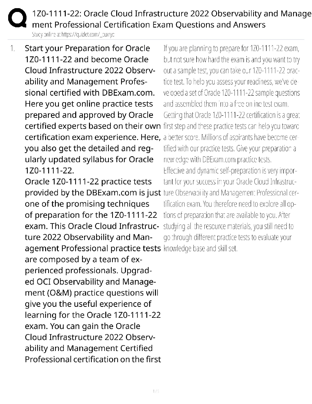 Recommended document preview for Oracle Cloud 1Z0-1111-22 Certification / Score 100% / New Version 2025 Update / Observability Management Exam Q&A