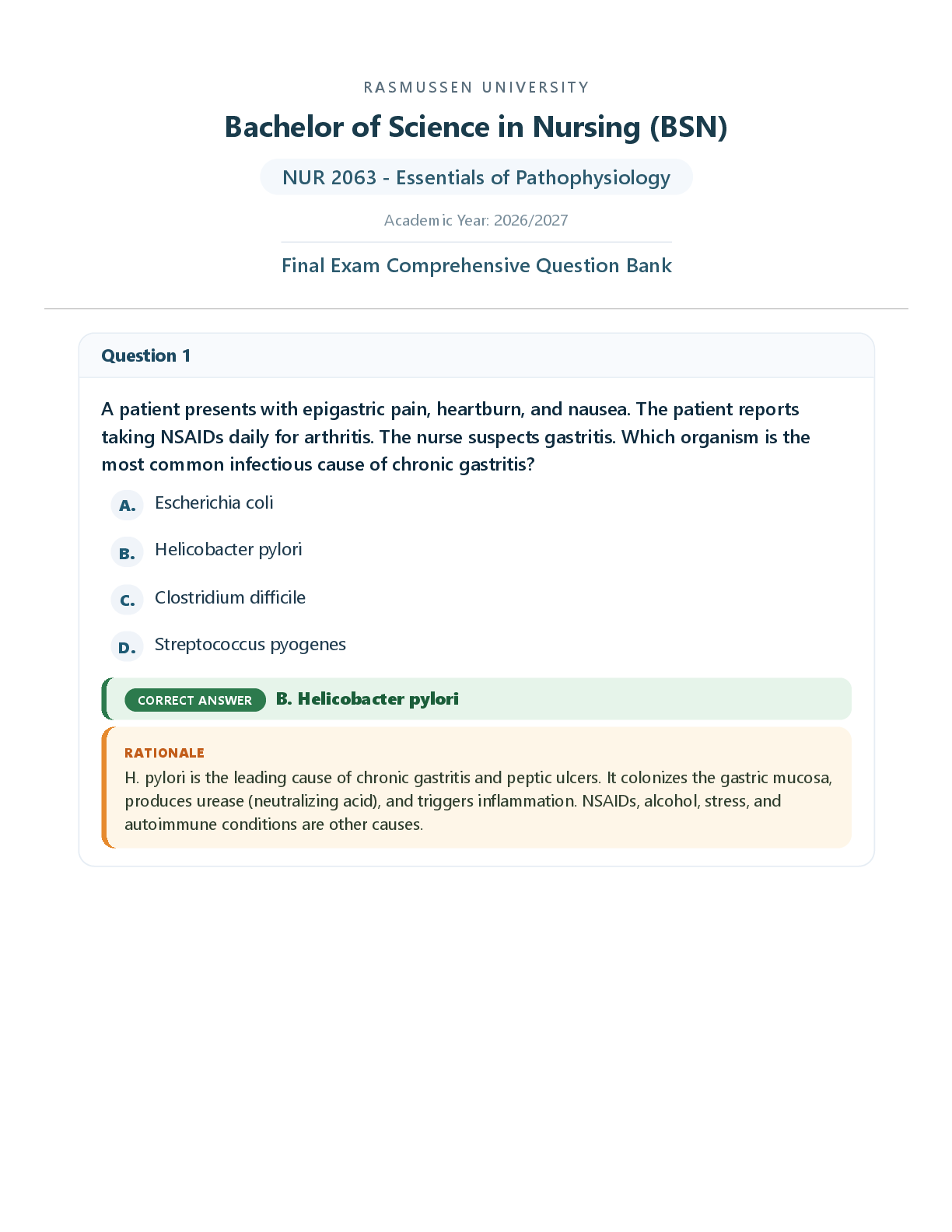Recommended document preview for Final Exam - NUR2063 / NUR2063 (Latest 2026 / 2027) : Essentials of Pathophysiology - Rasmussen