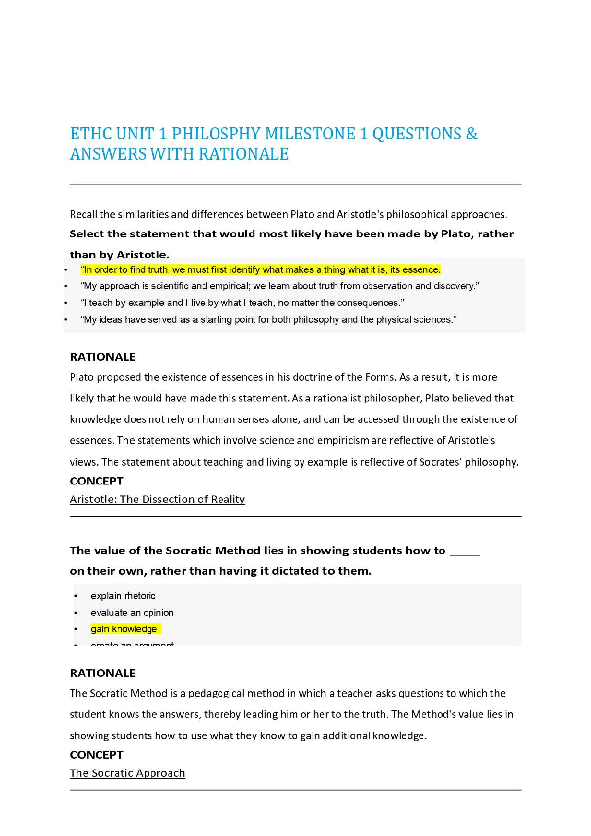 Preview image for ETHC UNIT 1 PHILOSPHY MILESTONE 1 QUESTIONS & ANSWERS WITH RATIONALE,100%CORRECT