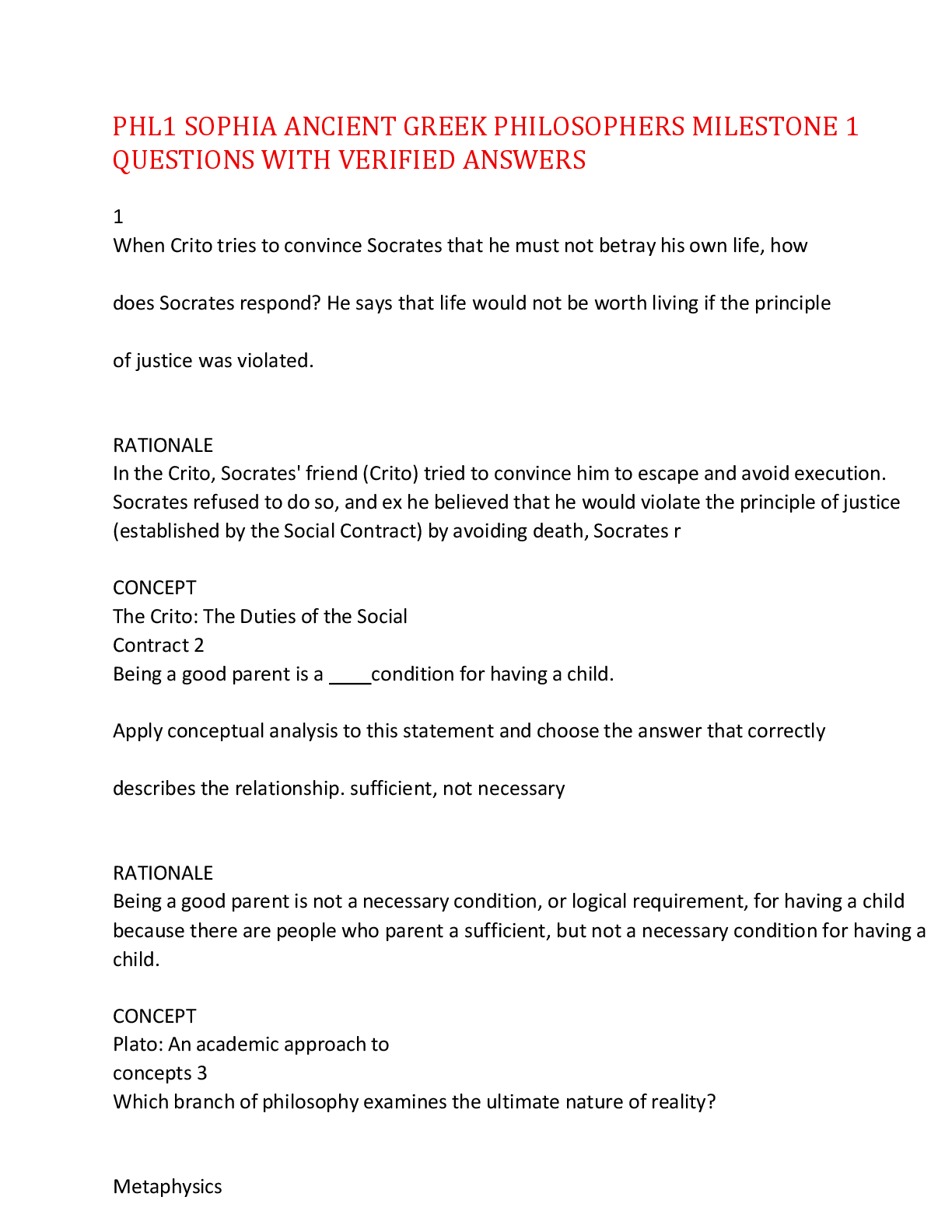 Preview image for PHL1 SOPHIA ANCIENT GREEK PHILOSOPHERS MILESTONE 1 QUESTIONS WITH VERIFIED ANSWERS,100%CORRECT