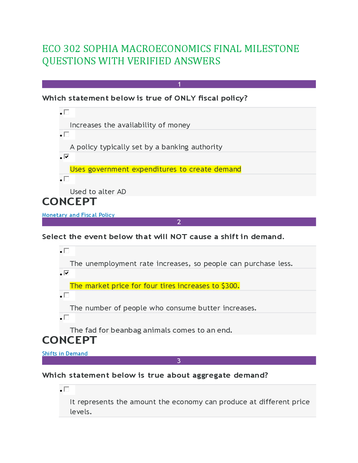 Preview of ECO 302 SOPHIA MACROECONOMICS FINAL MILESTONE QUESTIONS WITH VERIFIED ANSWERS,100%CORRECT