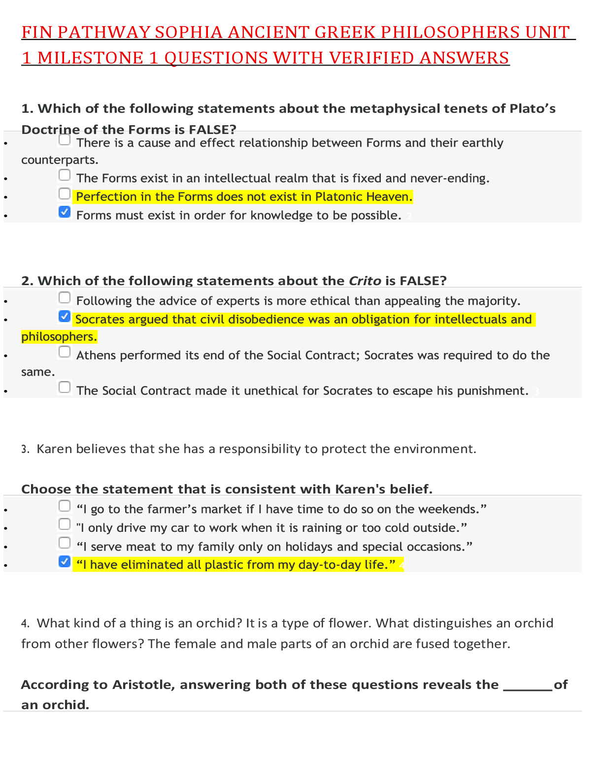 Preview of FIN PATHWAY SOPHIA ANCIENT GREEK PHILOSOPHERS UNIT 1 MILESTONE 1 QUESTIONS WITH VERIFIED ANSWERS,100%CORRECT