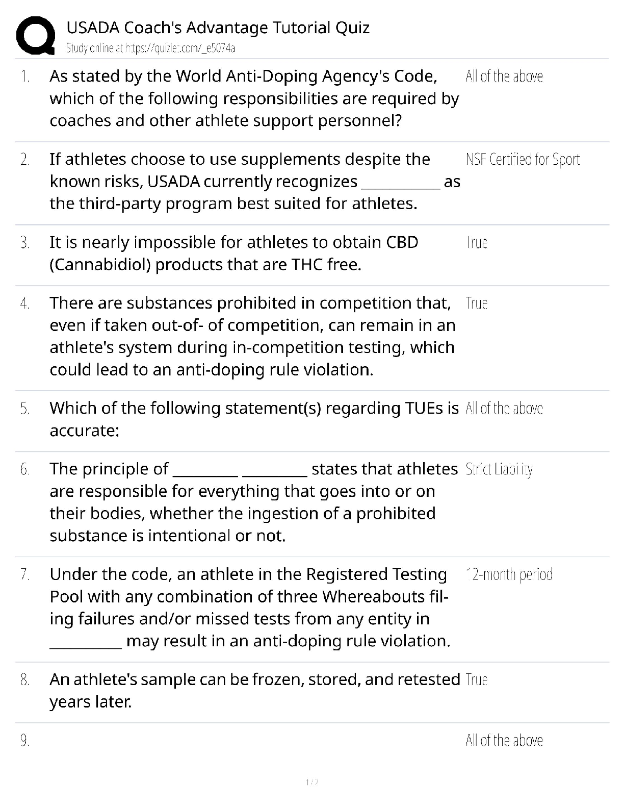 Recommended document preview for USADA Coach's Advantage / tutorial quiz / score 100% / new version / coaching certification
