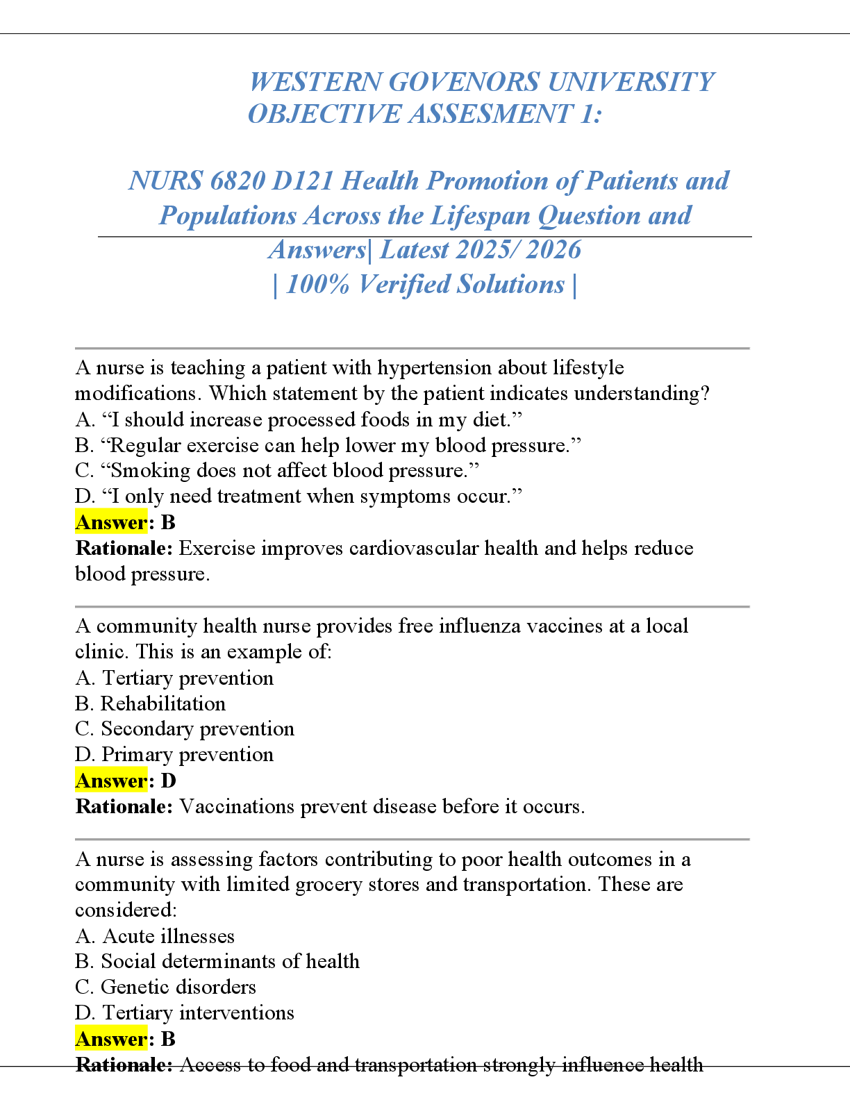 Preview of WESTERN GOVENORS UNIVERSITY  OBJECTIVE ASSESMENT 1:  NURS 6820 D121 Health Promotion of Patients and  Populations Across the Lifespan Question and  Answers| Latest 2025/ 2026   | 100% Verified Solutions |