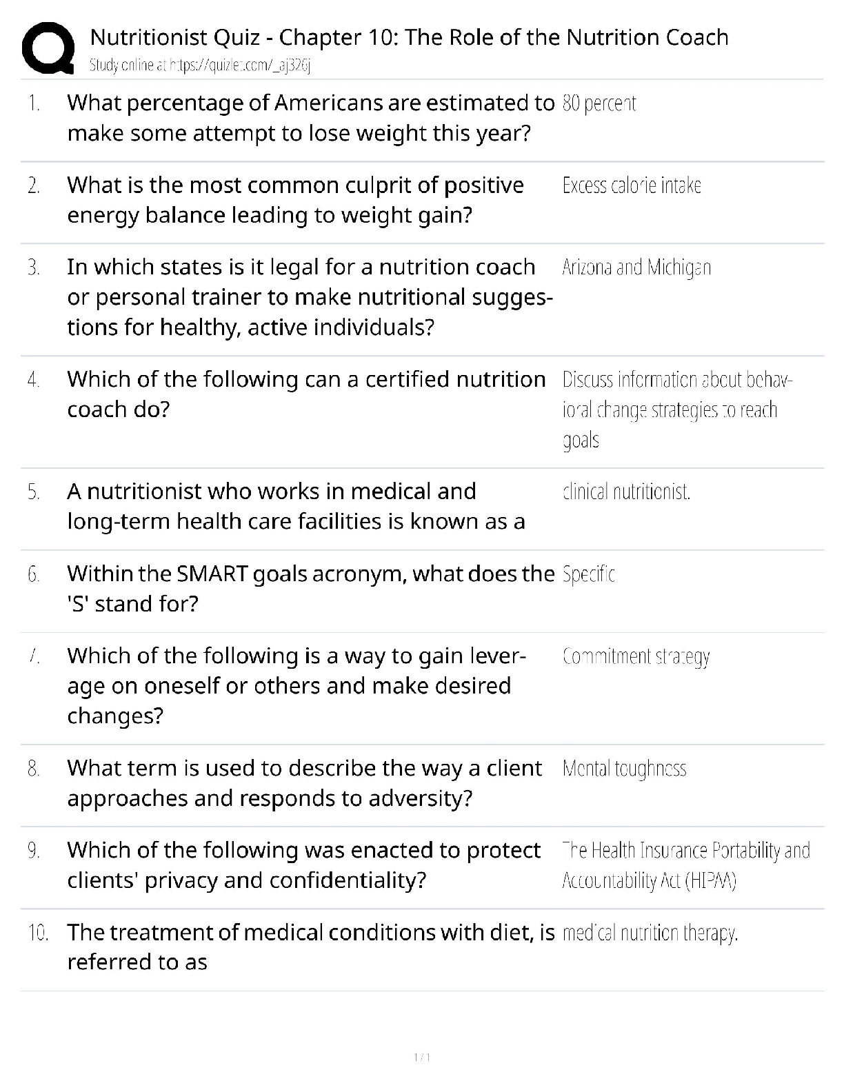 Recommended document preview for Nutritionist Quiz / Chapter 10 / role of the nutrition coach / score 100% / new version