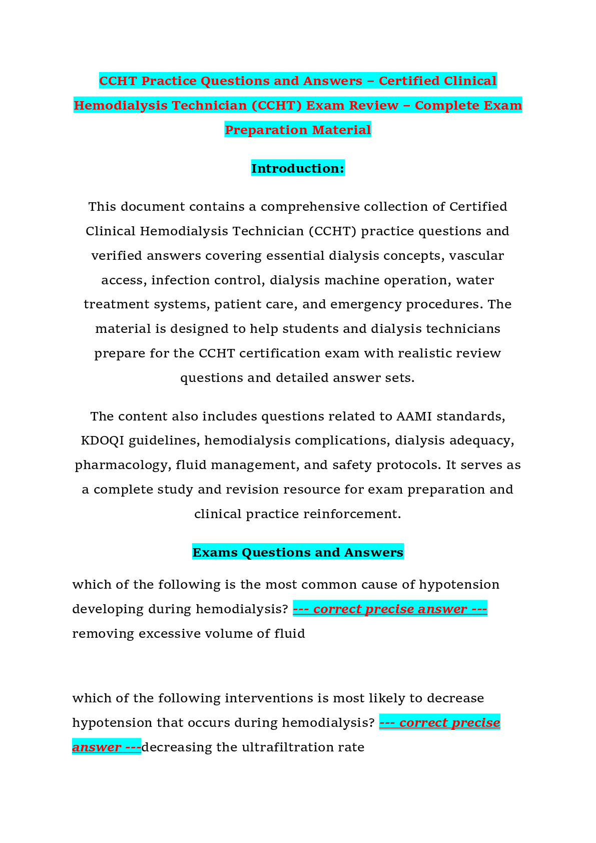 Preview of CCHT Practice Questions and Answers – Certified Clinical Hemodialysis Technician (CCHT) Exam Review – Complete Exam Preparation Material