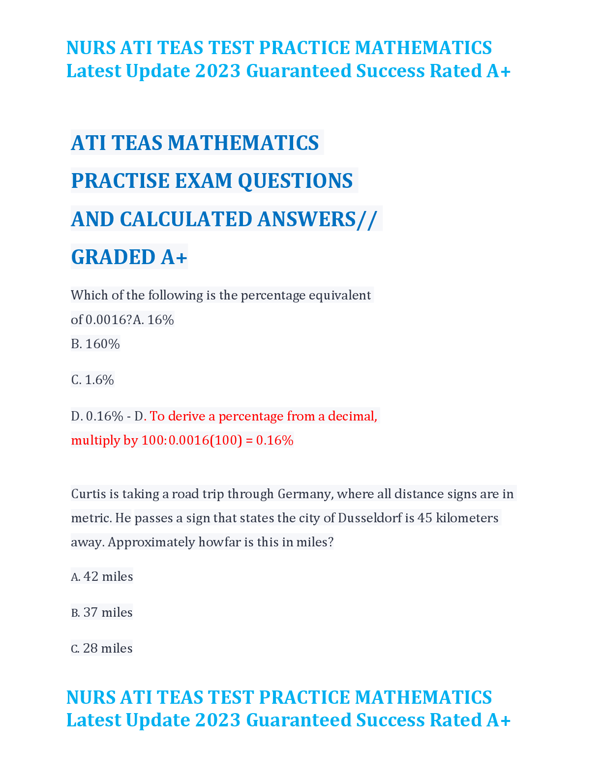 Preview image for ATI TEAS MATHEMATICS  PRACTISE EXAM QUESTIONS  AND CALCULATED ANSWERS//  GRADED A+