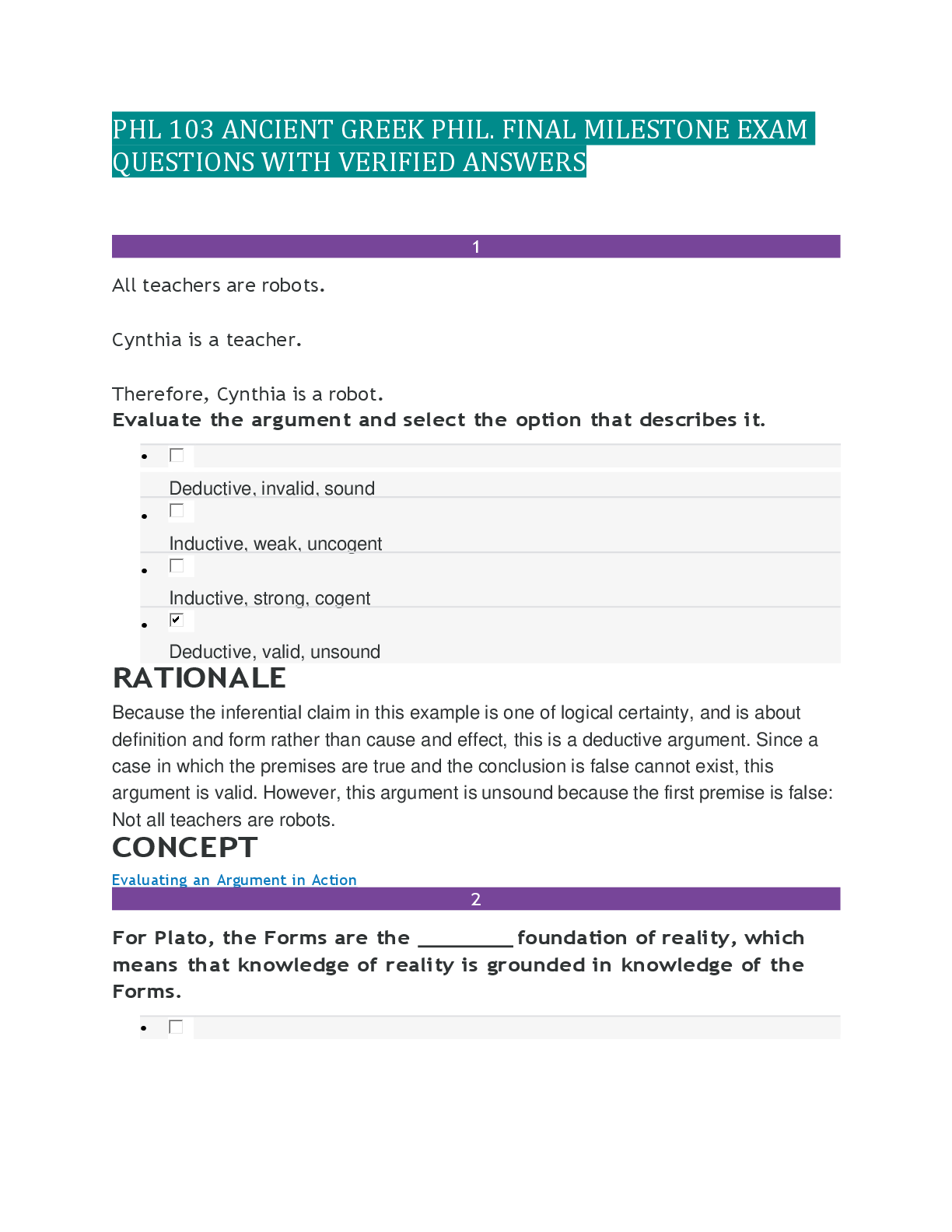 Recommended document preview for PHL 103 ANCIENT GREEK PHIL. FINAL MILESTONE EXAM QUESTIONS WITH VERIFIED ANSWERS,100%CORRECT