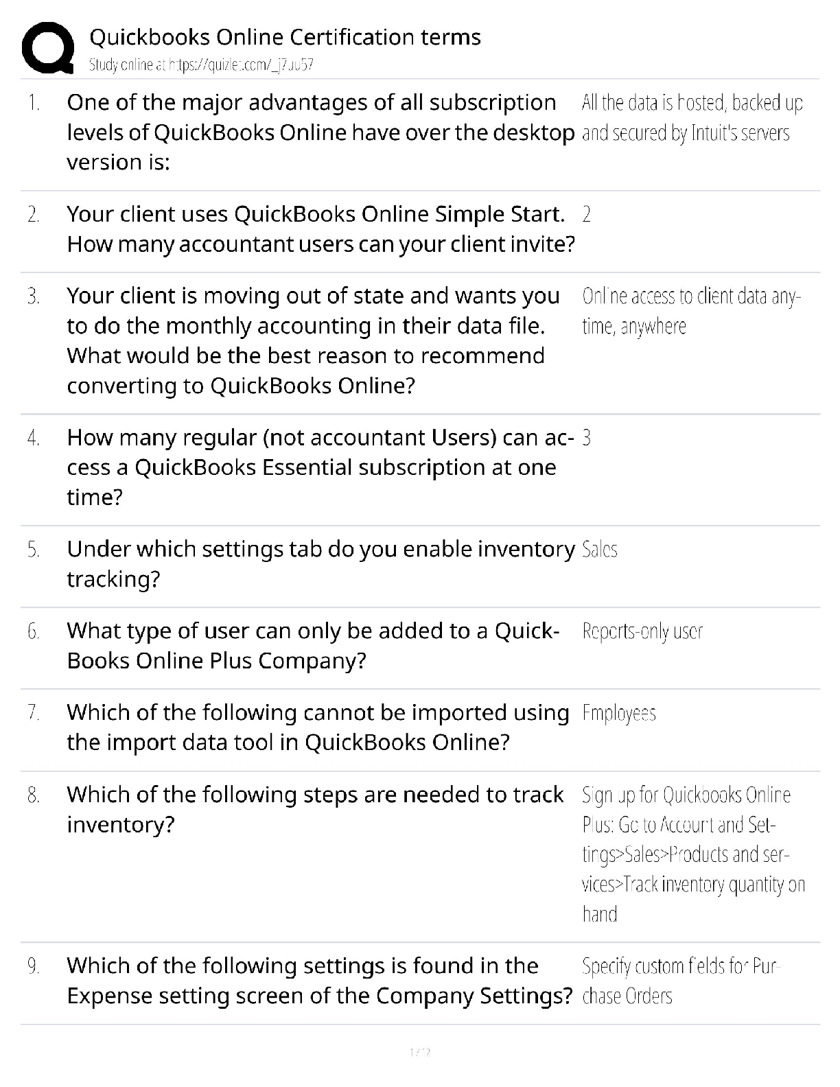 Recommended document preview for QuickBooks Online Certification / key terms / score 100% / new version / study guide