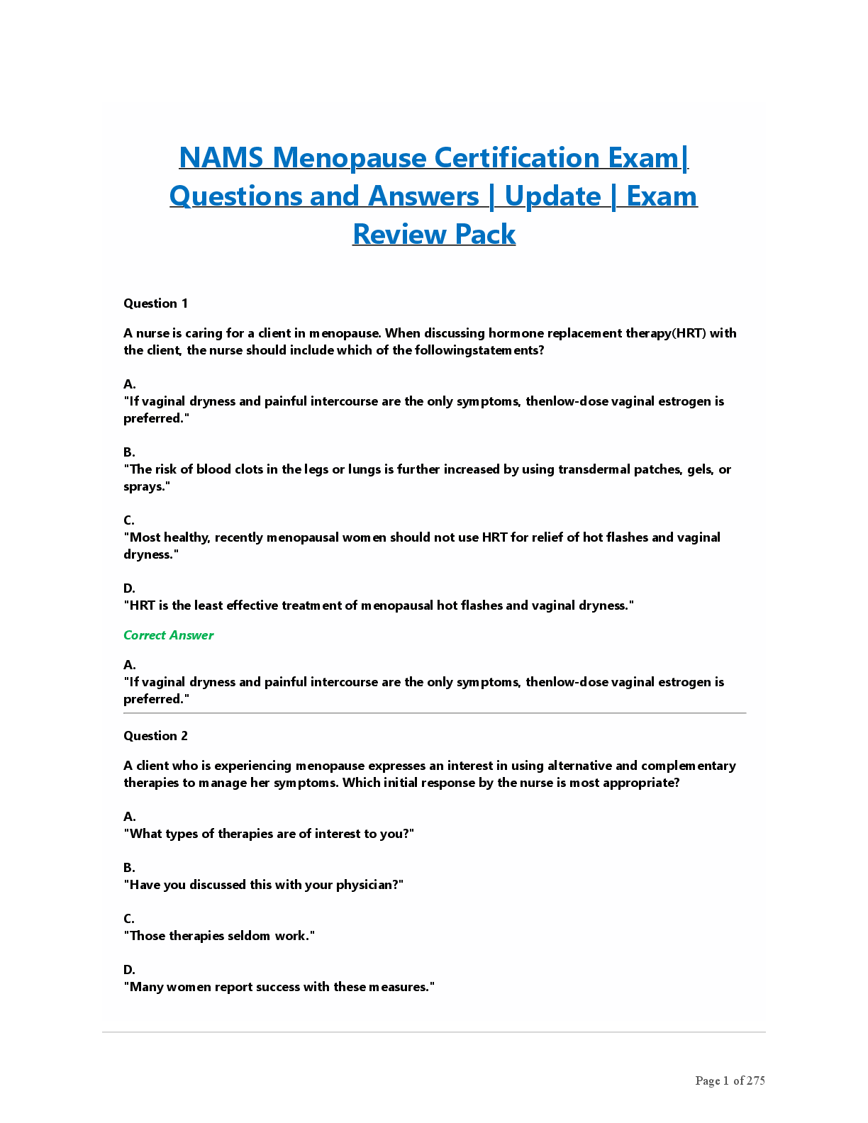 Preview of NAMS Menopause Certification Exam| Questions and Answers | Update | Exam Review Pack