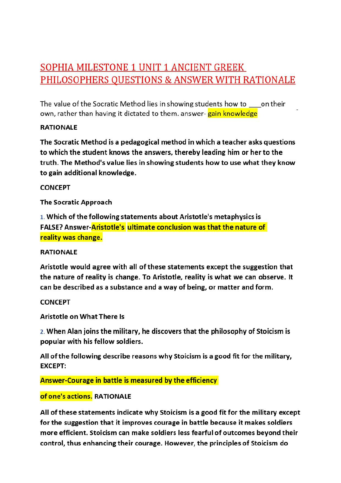 Preview image for SOPHIA MILESTONE 1 UNIT 1 ANCIENT GREEK PHILOSOPHERS QUESTIONS & ANSWER WITH RATIONALE,100%CORRECT